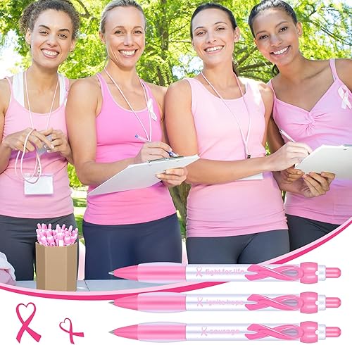 Miniatura 2 de Yeaqee 100 bolígrafos de concientización sobre el cáncer de mama, color rosa, de 0.028 in, tinta negra, con agarre de goma, artículos de