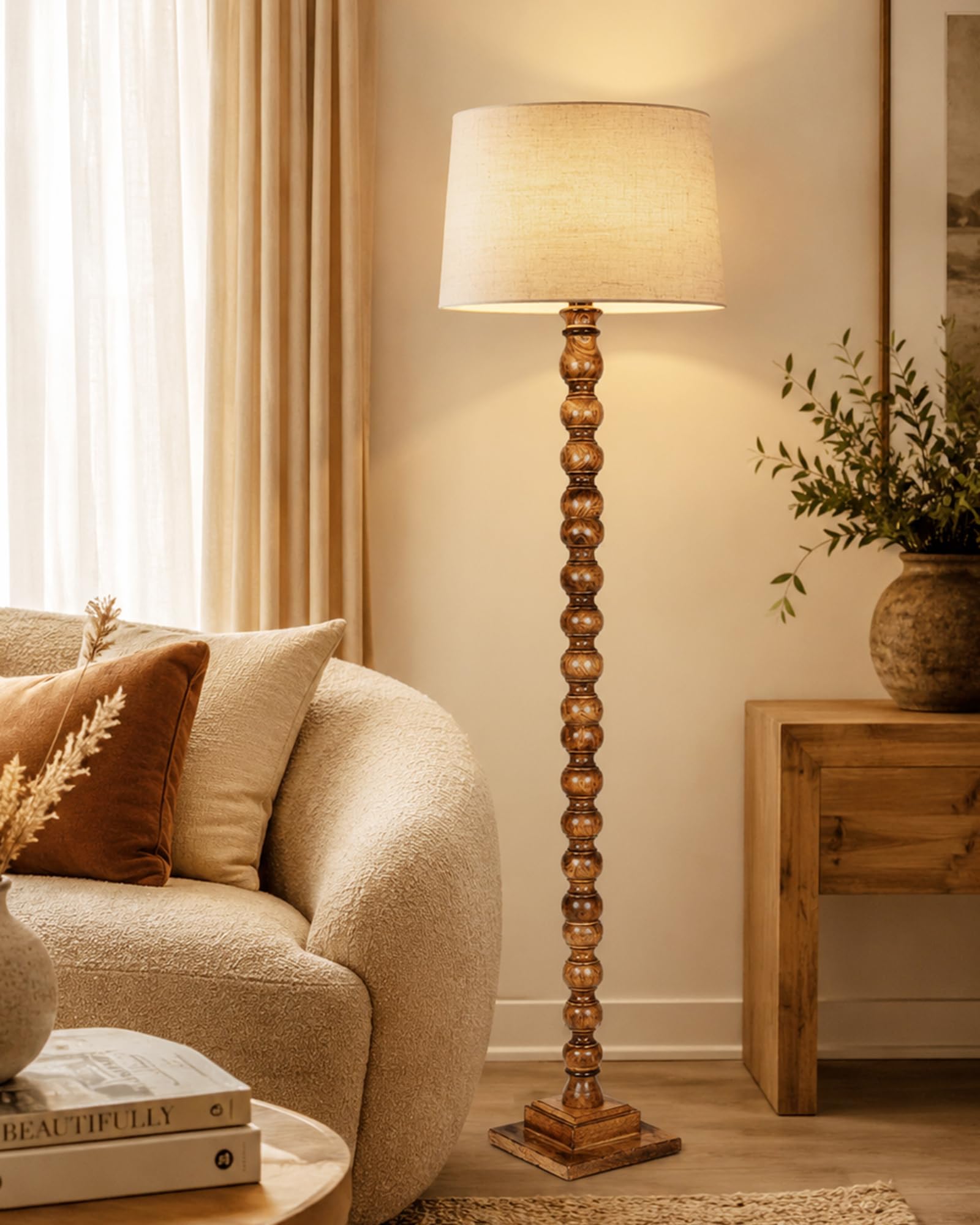 Homesake®Rustic Wood Floor Lamp Walnut Brown with Multicolor Fabric Lamp Shade | Light Decoration Home Corner | Living Room & Bedroom Bedside Floor Lamp, Antique Floor Light, Sweetie Round, Off-White-image-16