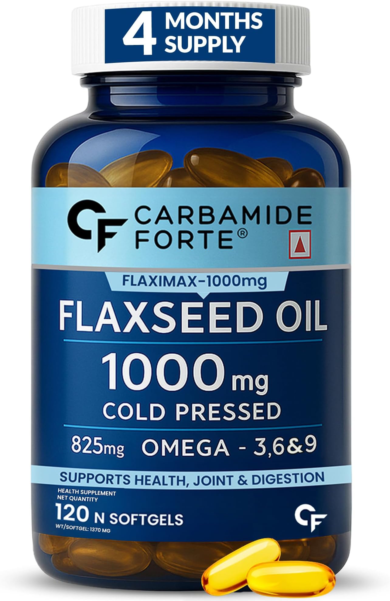 Cold Pressed Organic Flaxseed Oil Omega 3 6 9 Capsules (1000mg) - 120 Capsules