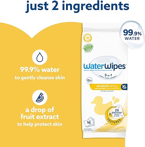 Miniatura 5 de WaterWipes Paquete de 300 toallitas de baño originales (5 paquetes) y toallitas de baño XL, 16 unidades (1 paquete), sin plástico, 99.9% toallitas a