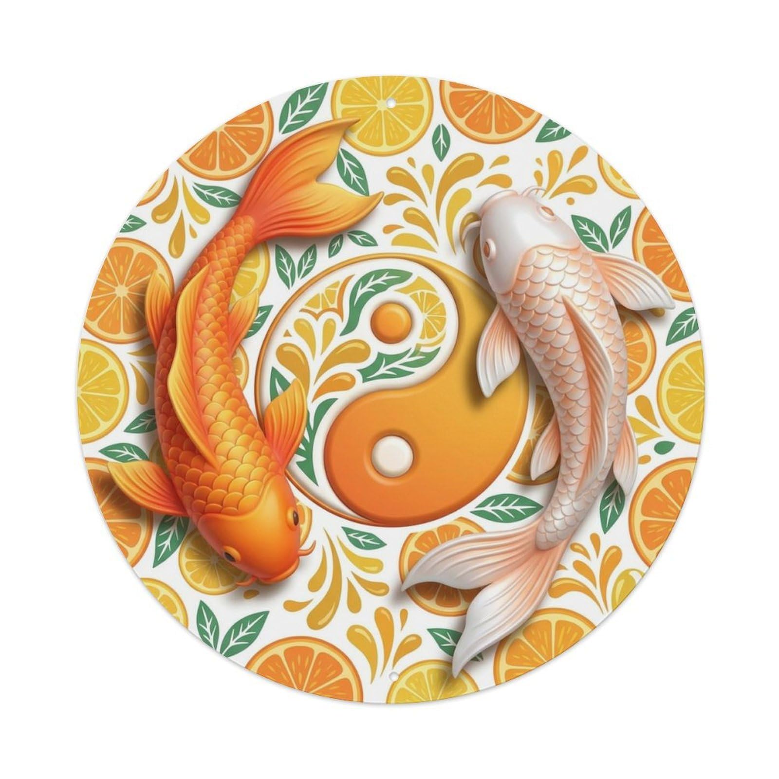 Japanese Koi Symbol Tangerine Meditation Emblem Metal Tin Sign Plaque Wall Decor for Cafe, Man Cave, Club Bar, Office, Home Garden Round Metal Poster 8x8Inch