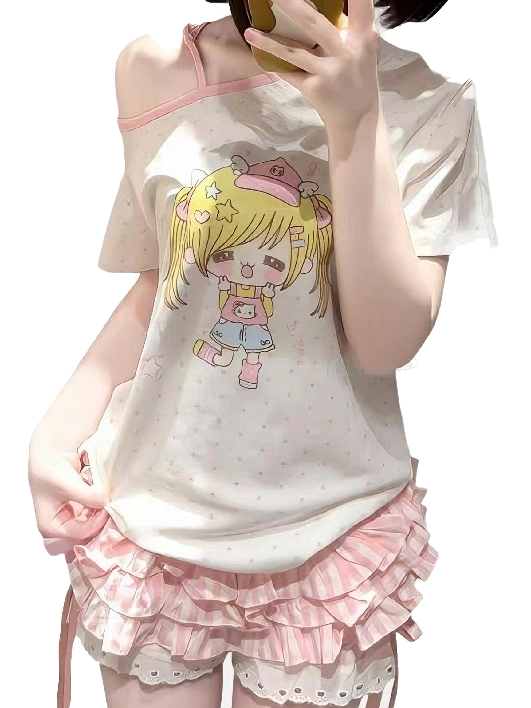 Y2K Kawaii Shirts Cartoon Graphic Tees Off Shoulder Cutecore Shirts for Teens Harajuku Fashion Cute Tops Kawaii Clothes, White, M