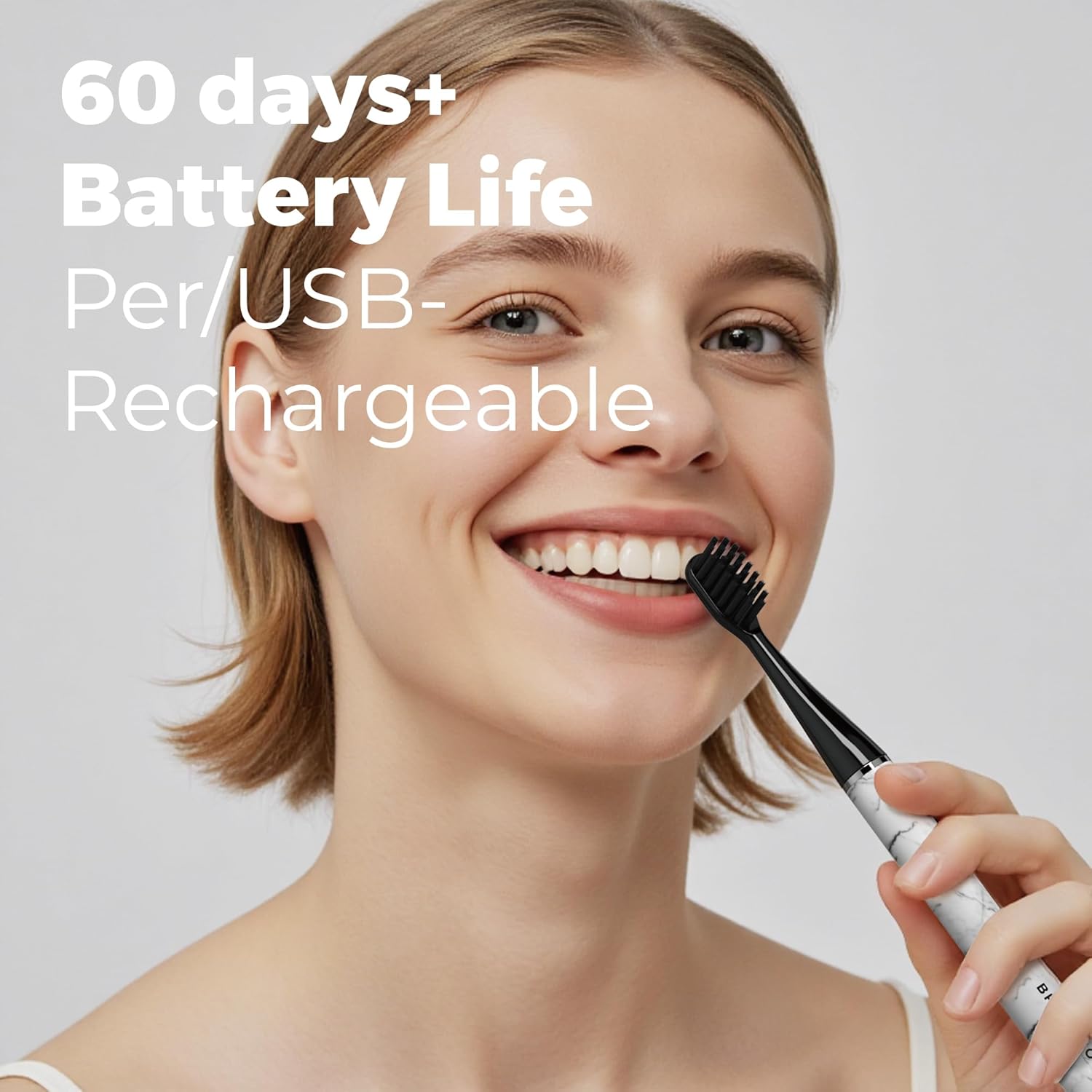 MIPOW Brush GO SlimPro i4 Electric Toothbrush Rechargeable Smart Ultra Sonic 3 Modes, Travel Case & Ceramic Dock, 60Day Battery Soft Bristles 2 Heads IPX7 Waterproof, Color-Carrara Edition