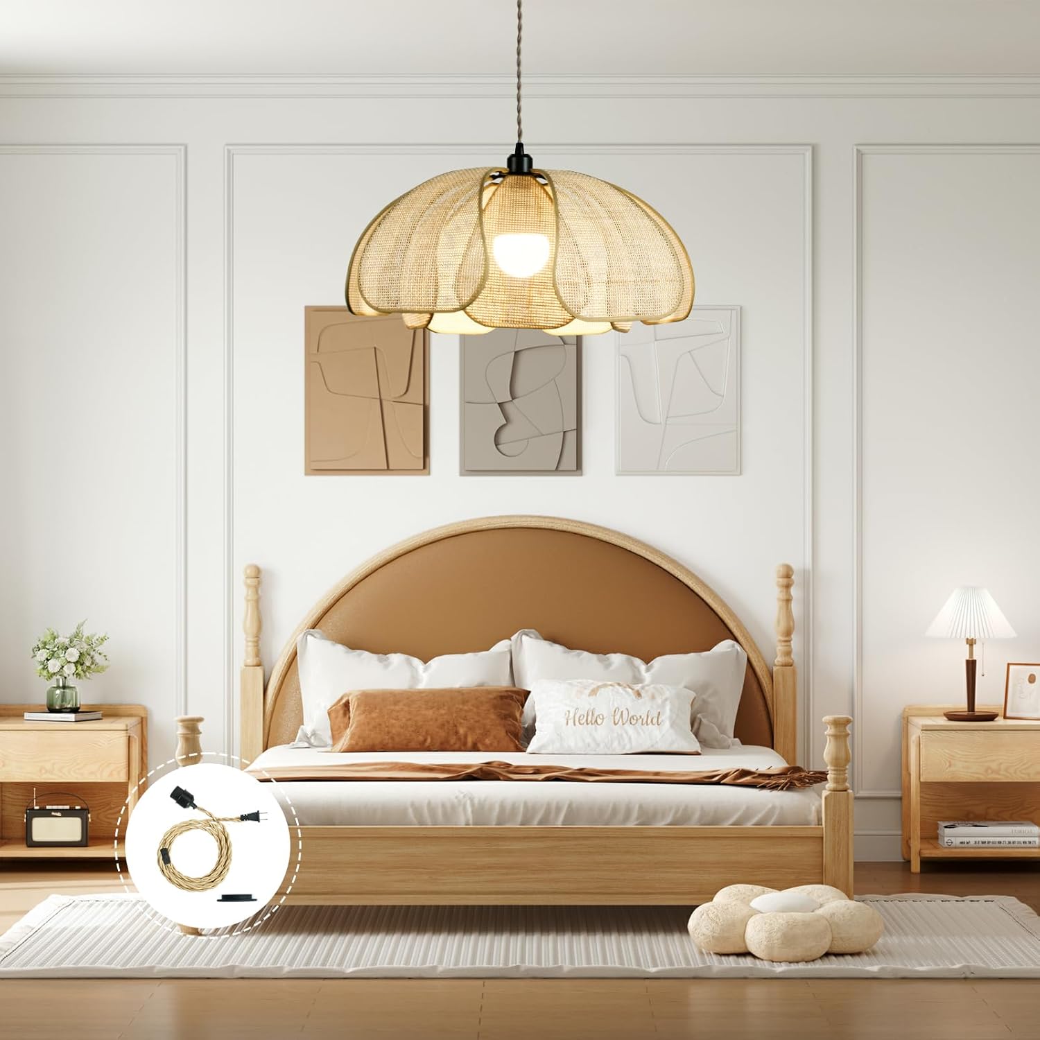 Plug in Rattan Pendant Light, Japanese Wabi sabi Style Lighting Fixture, 16.7ft Plug in Wire with a Switch. Boho-Style Lighting with a Floral lampshade, Bedroom, Dining Room, and Living Room