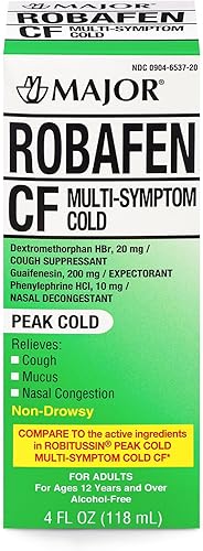 MAJOR Robafen CF Multi-Symptom Peak - Jarabe para la tos fría para la congestión y el alivio de la mucosidad, sin alcohol, sin somnolencia, 4 onzas