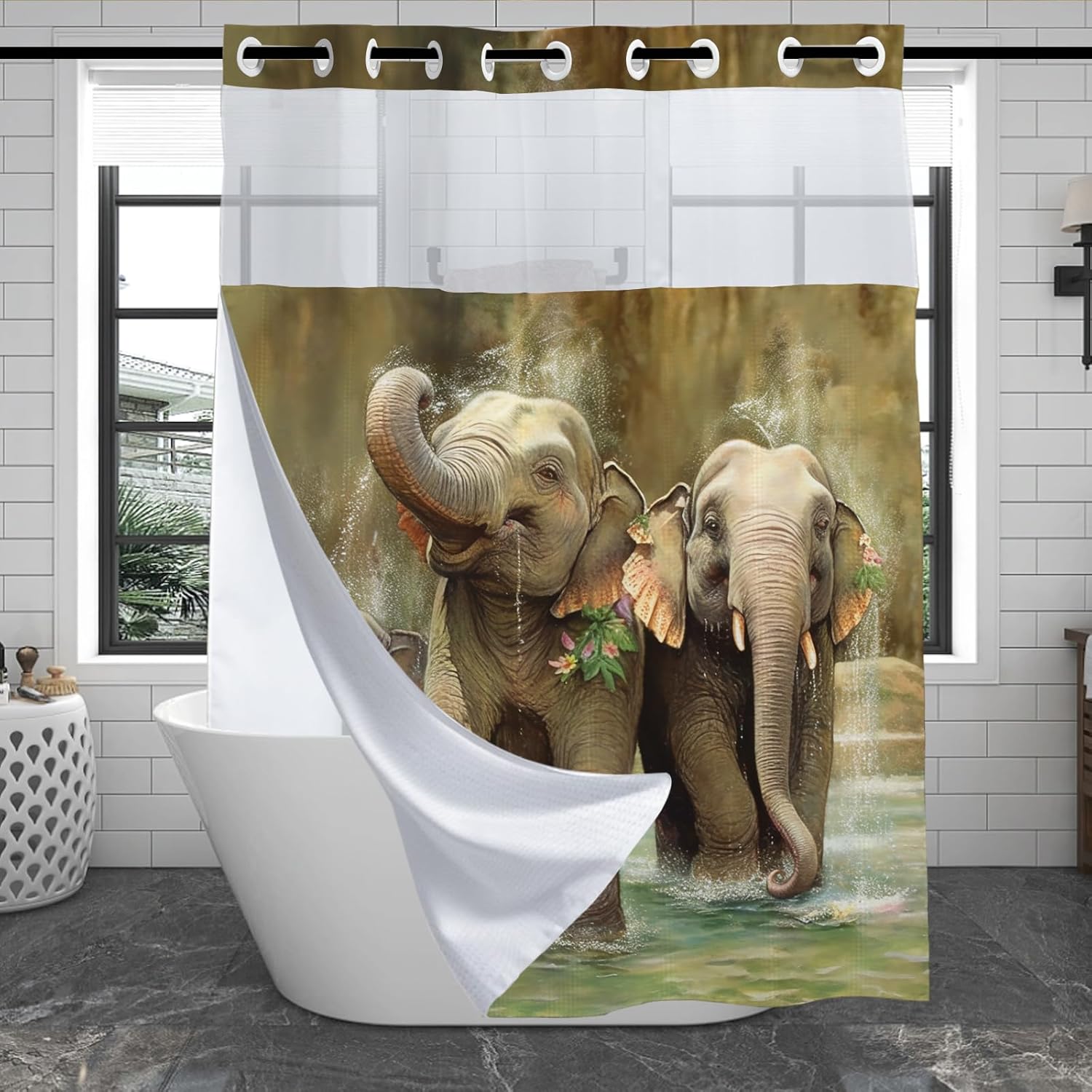 Funny Elephant Shower Curtain for Bathroom, Waterproof Waffle Animal Playing Wate Shower Curtain with Snap in Fabric Liner Set, Heavy Duty Shower Curtains Hotel Spa Luxury Polyester 72Wx74H No Hook