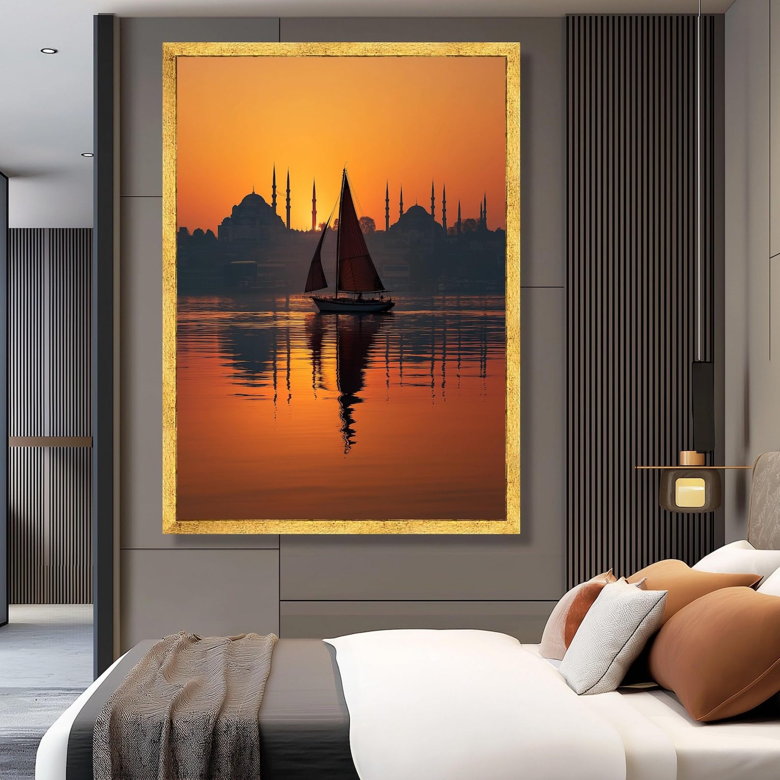 LMYCHENG Sunset Sailboat Canvas Print, Landscape Silhouette Wall Art, Canvas Painting for Living Room Home Decor(70x110cm/Internal Frame)