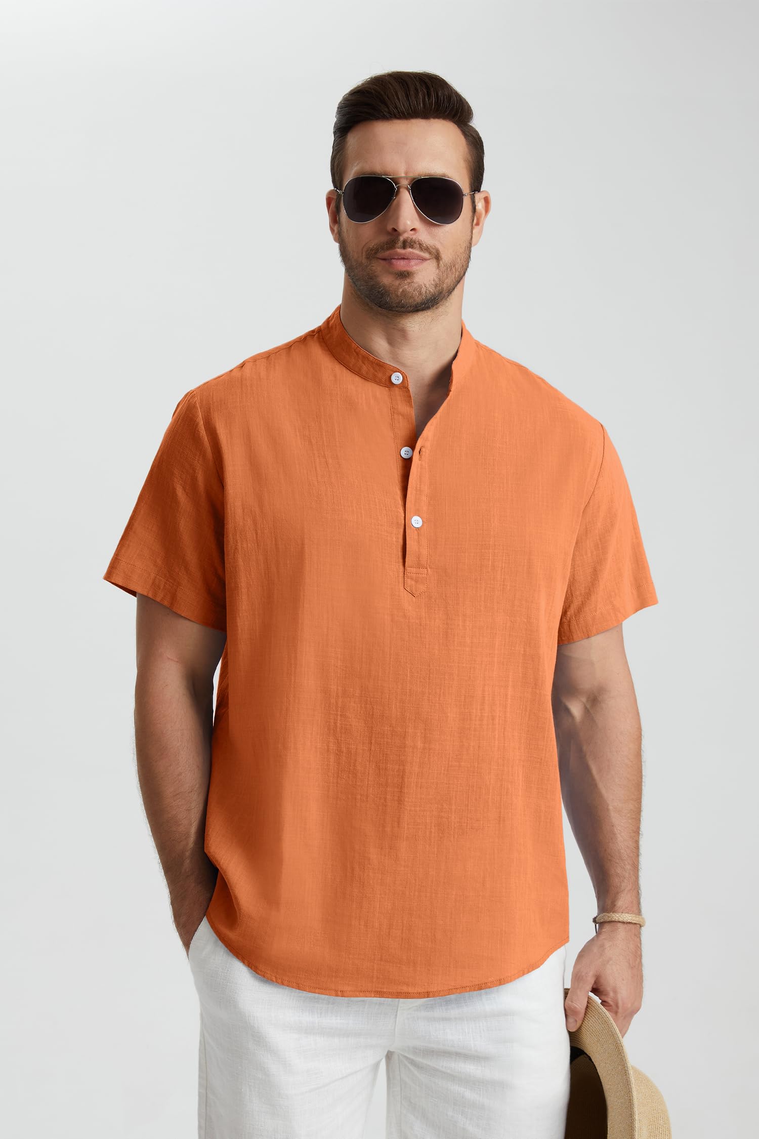 Enlision Chemise Lin Homme Manches Courtes Col Mao Chemise Été Hommes Leger en Coton Lin Chemise de Plage Classique Casual Henley Shirt S-4XL