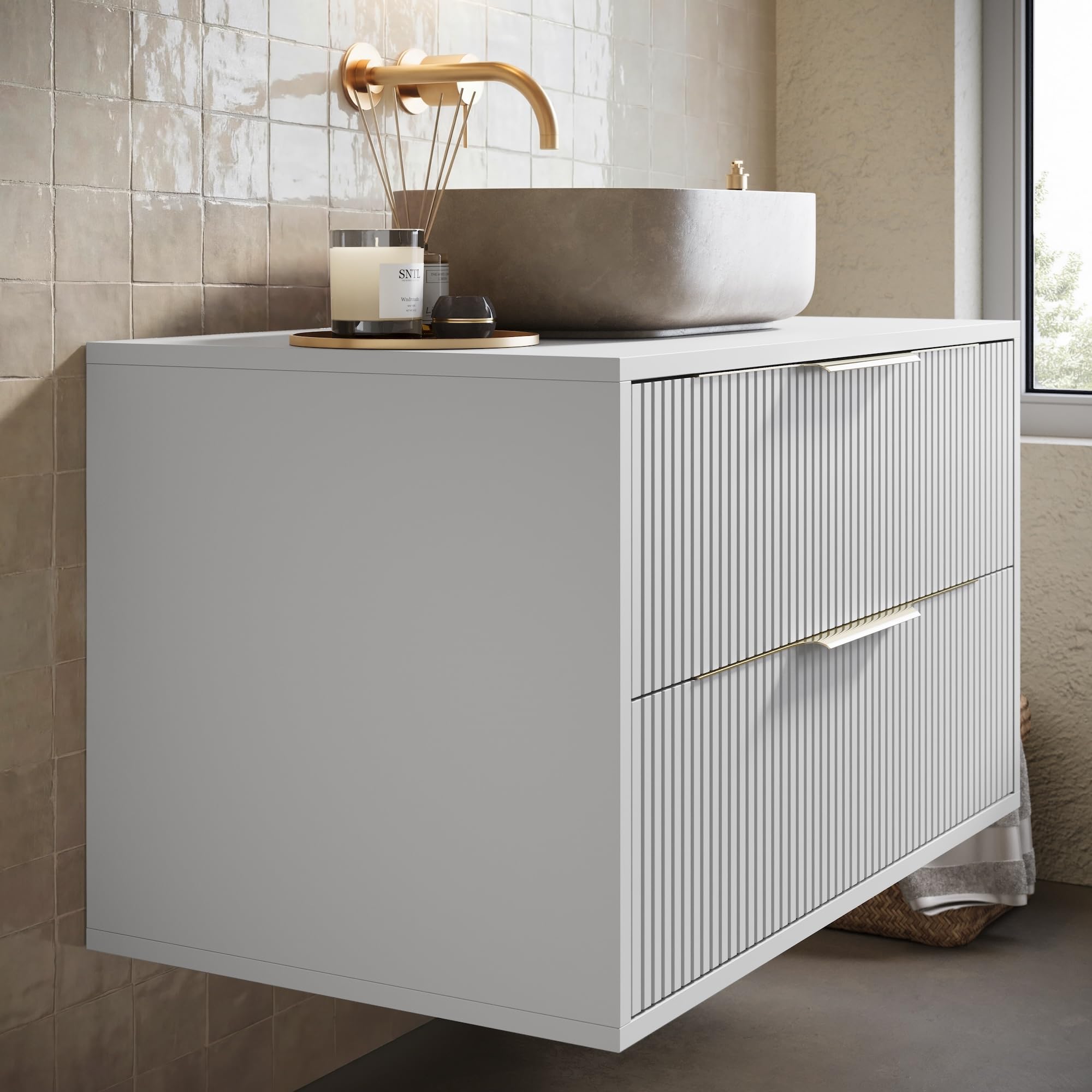 BADPLAATS Meuble Sous Vasque Rimini 80 Cm Blanc Mat Meuble Avec Tiroirs