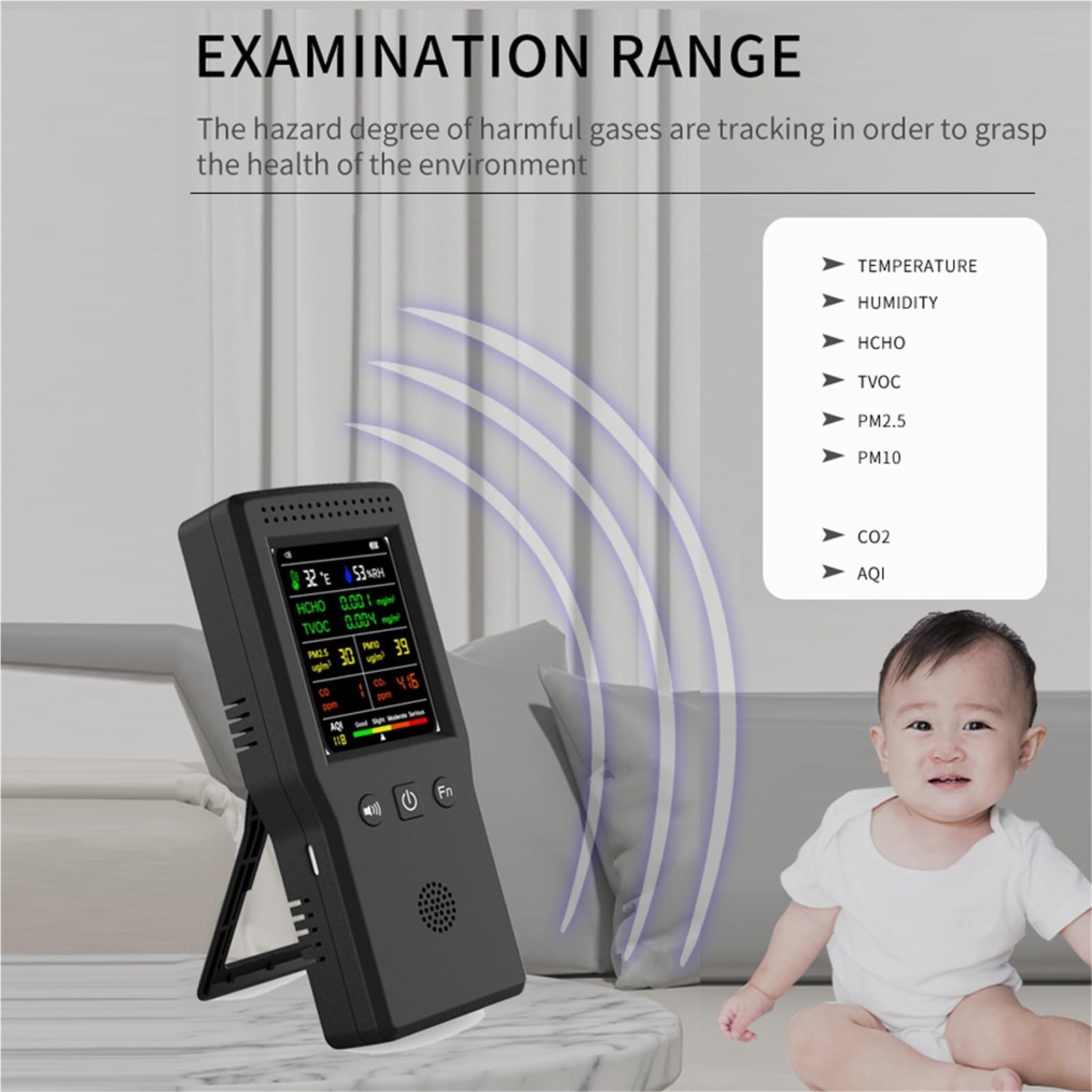 Contador partículas polvo, Monitor Digital LCD Con Detector De Calidad Del Aire 9 En 1 para interiores exteriores | PM2.5, PM10, HCHO, TVOC, CO2, AQI, Temperatura, Humedad
