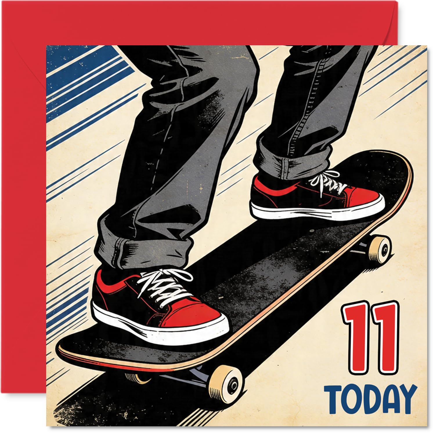 Playful 11th Birthday Card - Skate into Turning Eleven - Vibrant Skateboarder Action Scene with Dynamic Colours - 145mm Square, Envelope Included