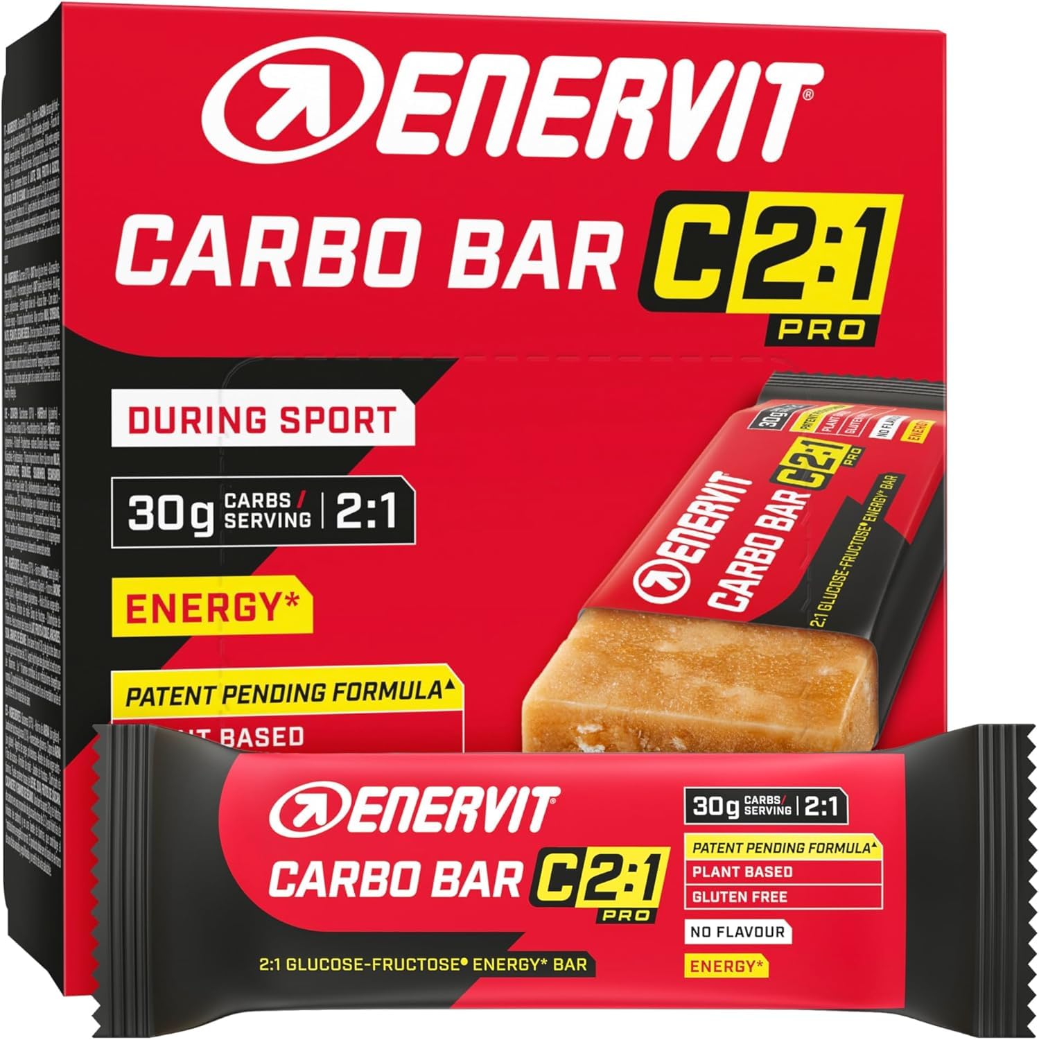 Enervit, Carbo Bar C2:1PRO No Flavour, Barrette Energetiche, 30g di Carboidrati, Senza Sapore, Per Attività di Endurance, +50% di Carboidrati Assorbiti, Senza Glutine, 12 Barrette da 45g
