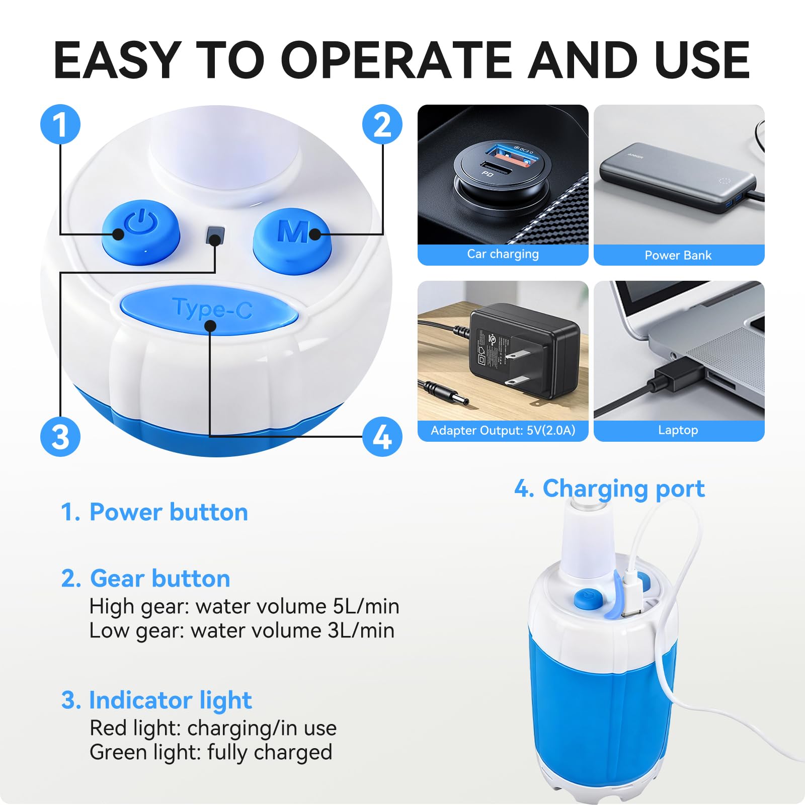 Doccia portatile, pompa doccia portatile da campeggio, doccia esterna ricaricabile USB, doccia elettrica portatile impermeabile con 2 modalità di spruzzo, 4000 mAh, per campeggio, escursionismo