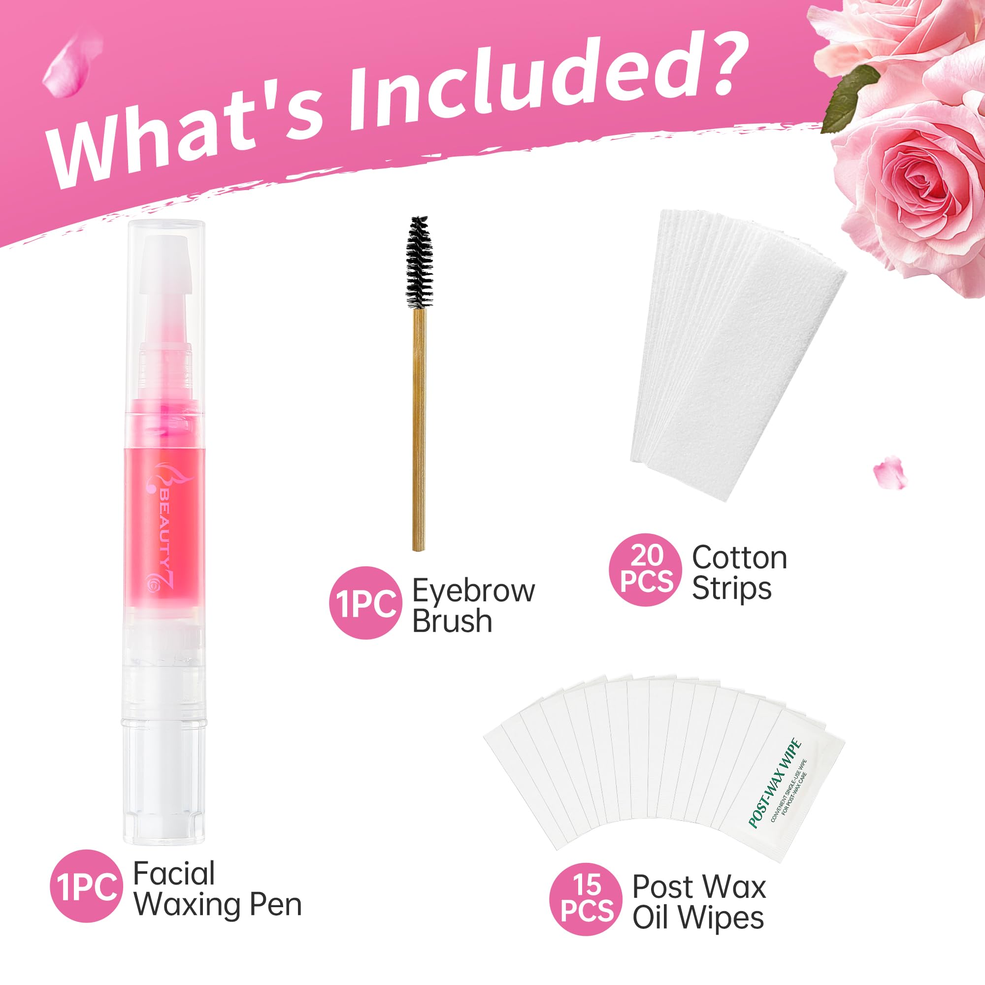 Beauty7 Stylo à Cire Précision Wand Formule Naturelle Végétalienne Epilateur pour Visage 5g Crayon à Cire 20 Bandes de Coton Réutilisables 15pcs Lingettes Après Epilation
