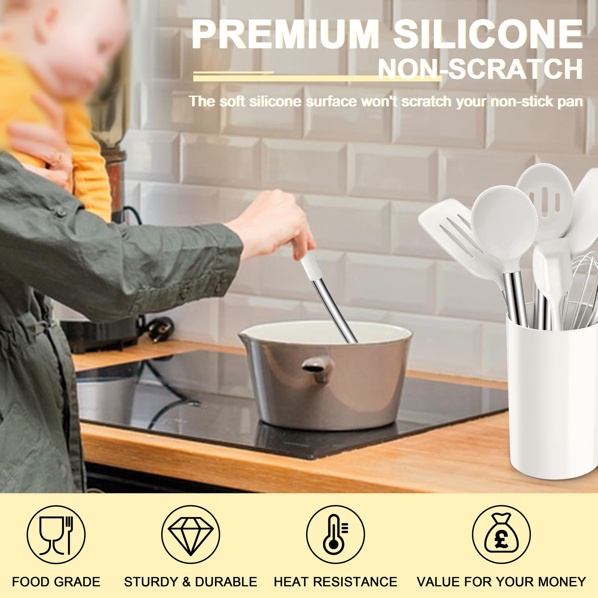 Joyfair Kitchen Utensils Set, 10 Pcs Silicone Cooking Utensils Set including Stainless Steel Handle - Image 4