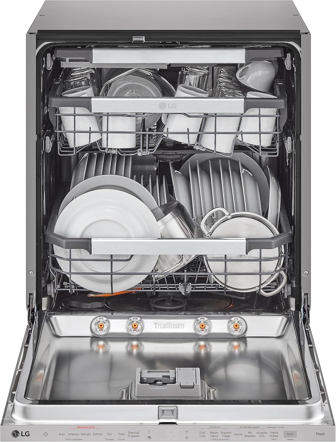 LG QuadWash DB365TXS Lavastoviglie da Incasso a Scomparsa Totale, Serie 3, Classe B, 14 coperti, 4 Bracci Irroratori, Vapore, Cerniere Sliding, Apertura Automatica, 3° Cestello, Wi-Fi, Acciaio