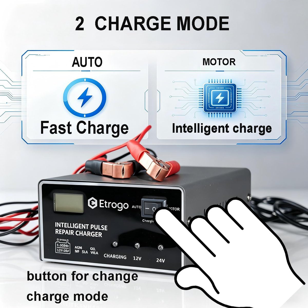 Etrogo Caricabatteria al Piombo Automatico 12V 24V 10A Caricabatterie Rapido Caricabatterie a Impulsi con Schermo LED a Barra