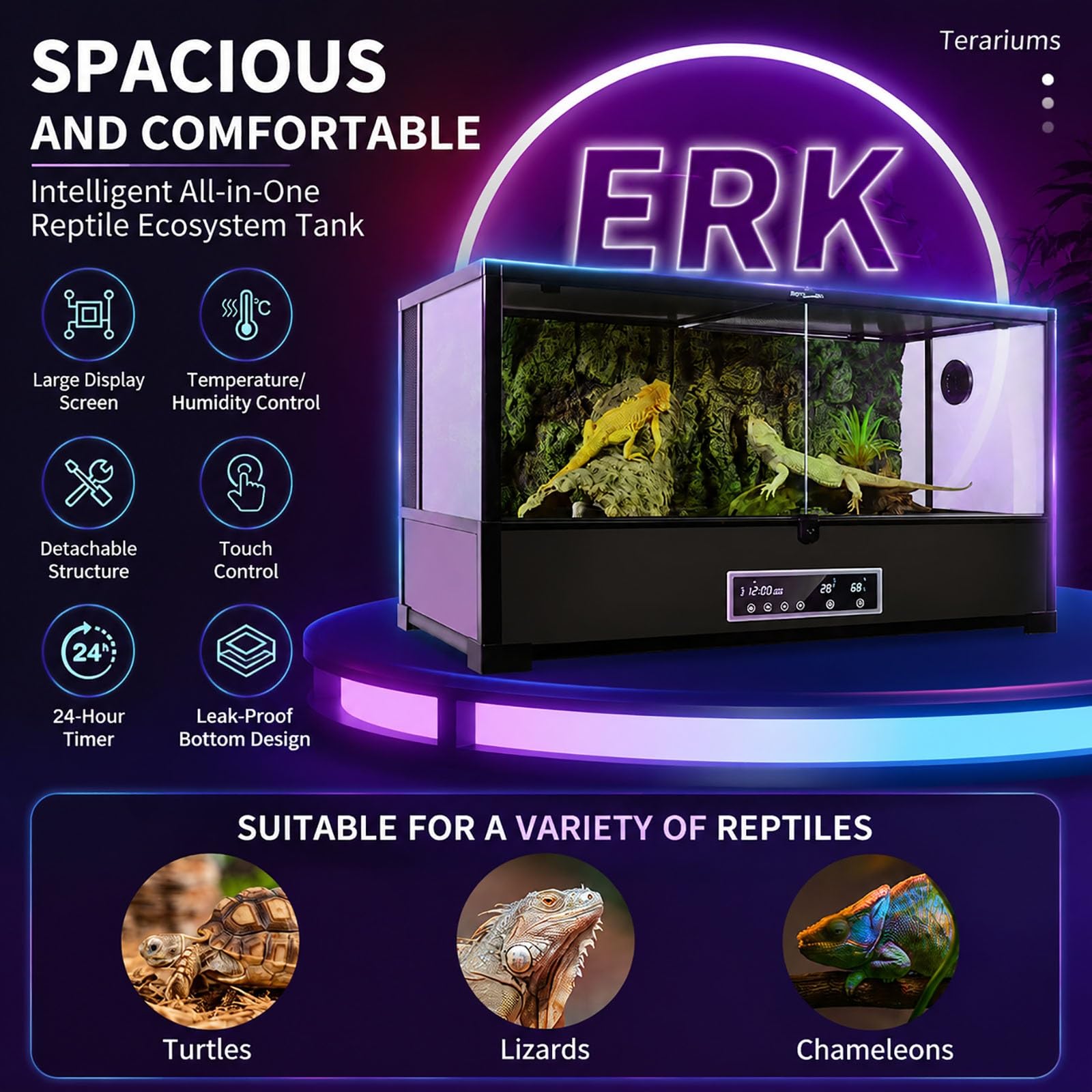 Inteligentne wielofunkcyjne terrarium dla gadów z ekranem dotykowym regulacją temperatury wilgotności i zegarem, stosowalne szklane wiwarium dla agamy brodatej, żółwi, kameleonów, jaszczurek(Large)