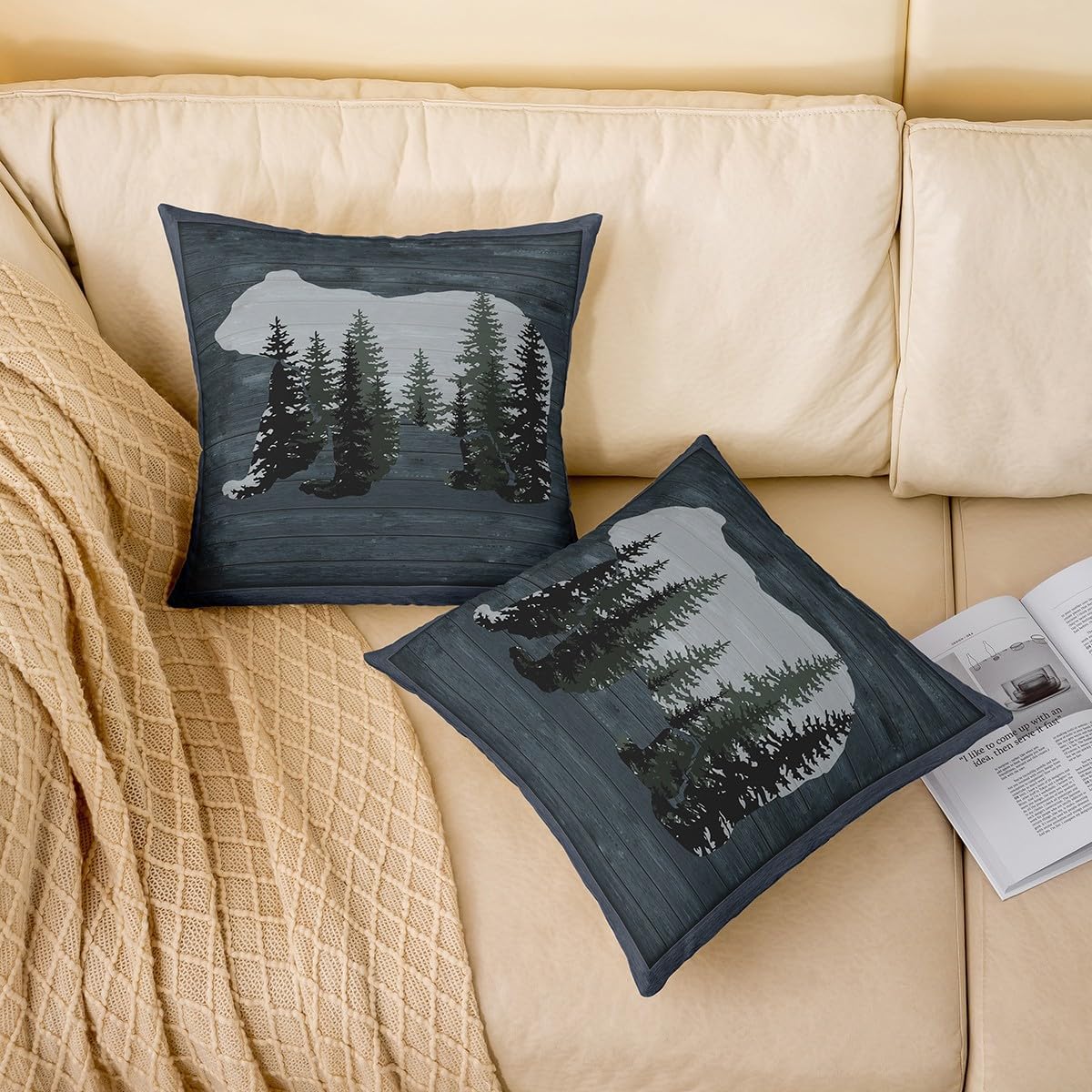 Rustic Bear Throw Pillow Covers 22"x22" Set of 2 Farmhouse Wild Animal Throw Pillowcases for Rustic Cabin Country Pillow Cases Cushion Covers Nature Bear Western Farmhouse Navy Blue Cushion Cases