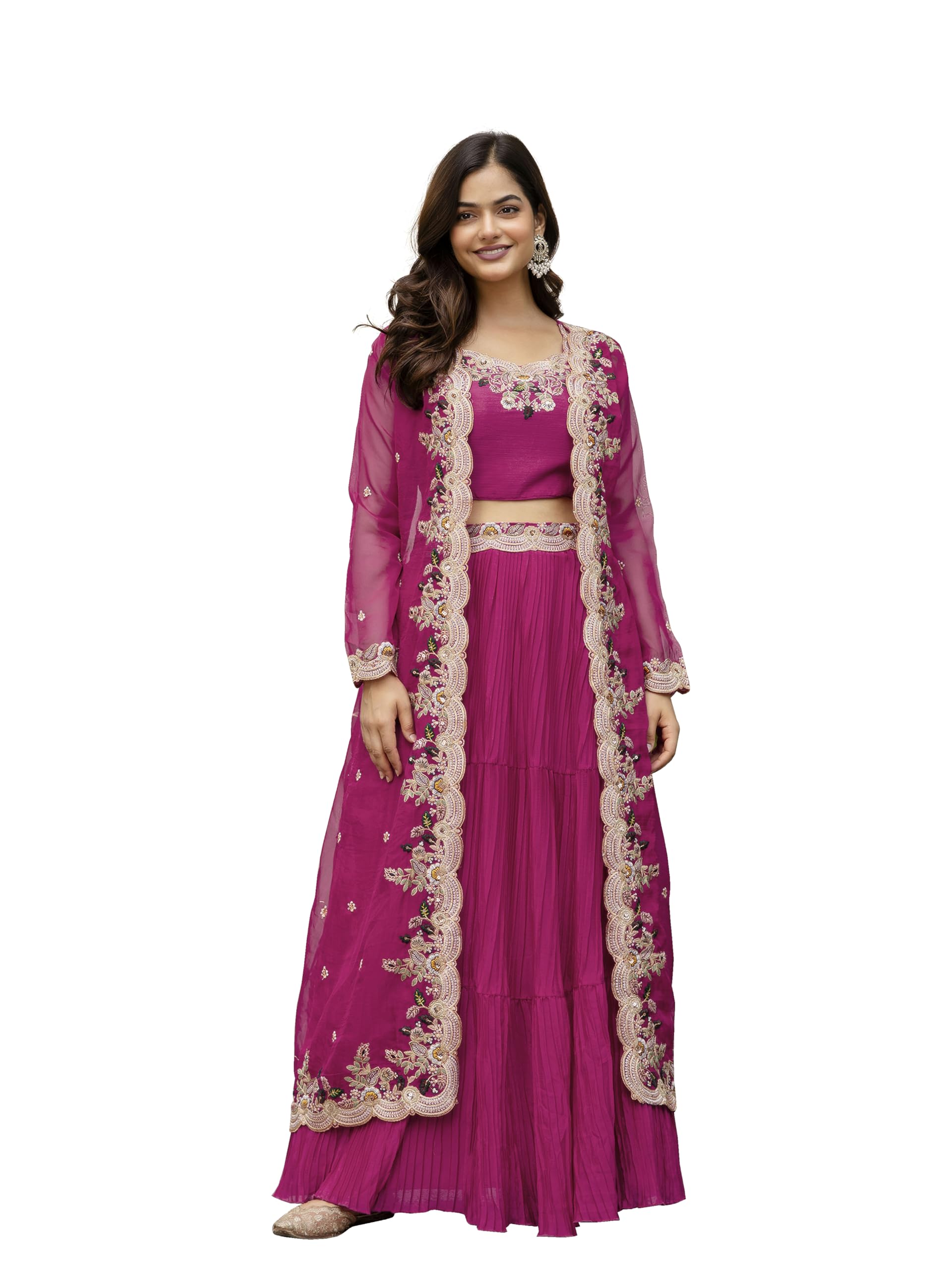 Women's Soft Organza Embroidery Crop Top with Flared Pleated Skirt and Shrug Set