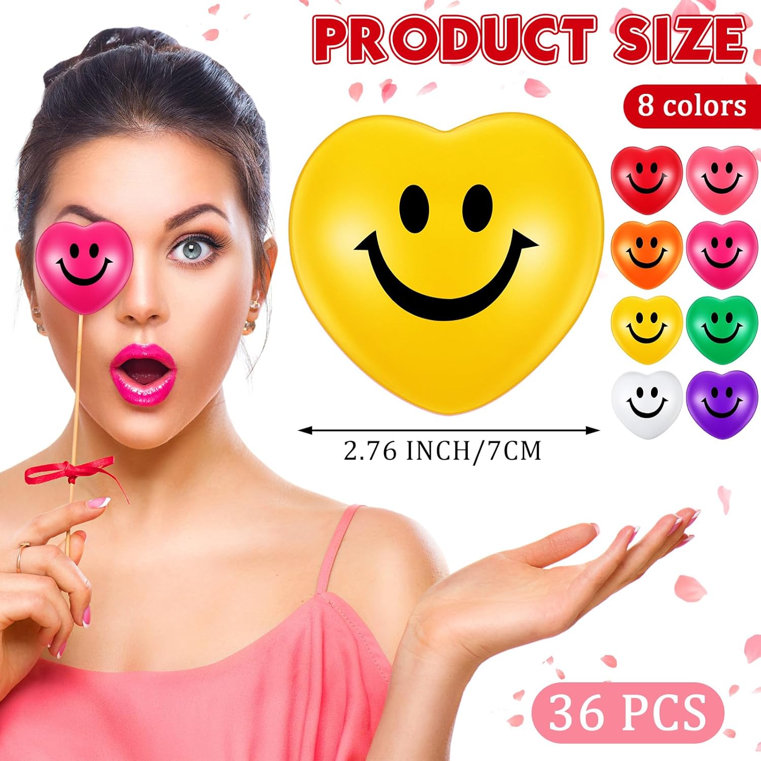 Zubebe 36 Pcs Valentine's Day Heart Stress Balls 2.76'' Multicolor Heart Shaped Smile Face Squeeze Stress Relief Balls Easter Relieve Toys for Adults Party Favors School Reward