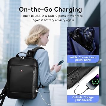 CROSSGEAR Full-Grain Genuine Leather Laptop Backpack, Slim Lightweight Backpack for Men, Charging Port, Fits 15.6 Laptop, Water Resistant, Business Computer Backpack for Work Office Casual, Black