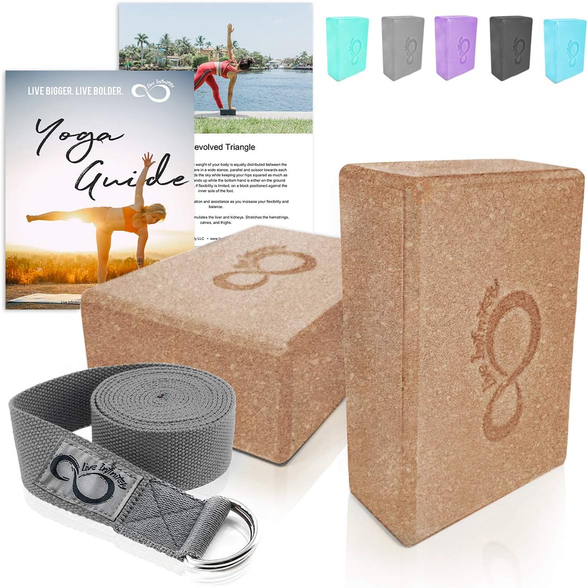 Premium Yoga Blocks & Metal D Ring Strap Yogi Set (3PC) 2 Pack High Density EVA Foam Blocks to Support & Deepen Poses, Improve Strength, Flexibility & Balance - Lightweight, Odor & Moisture Resistant