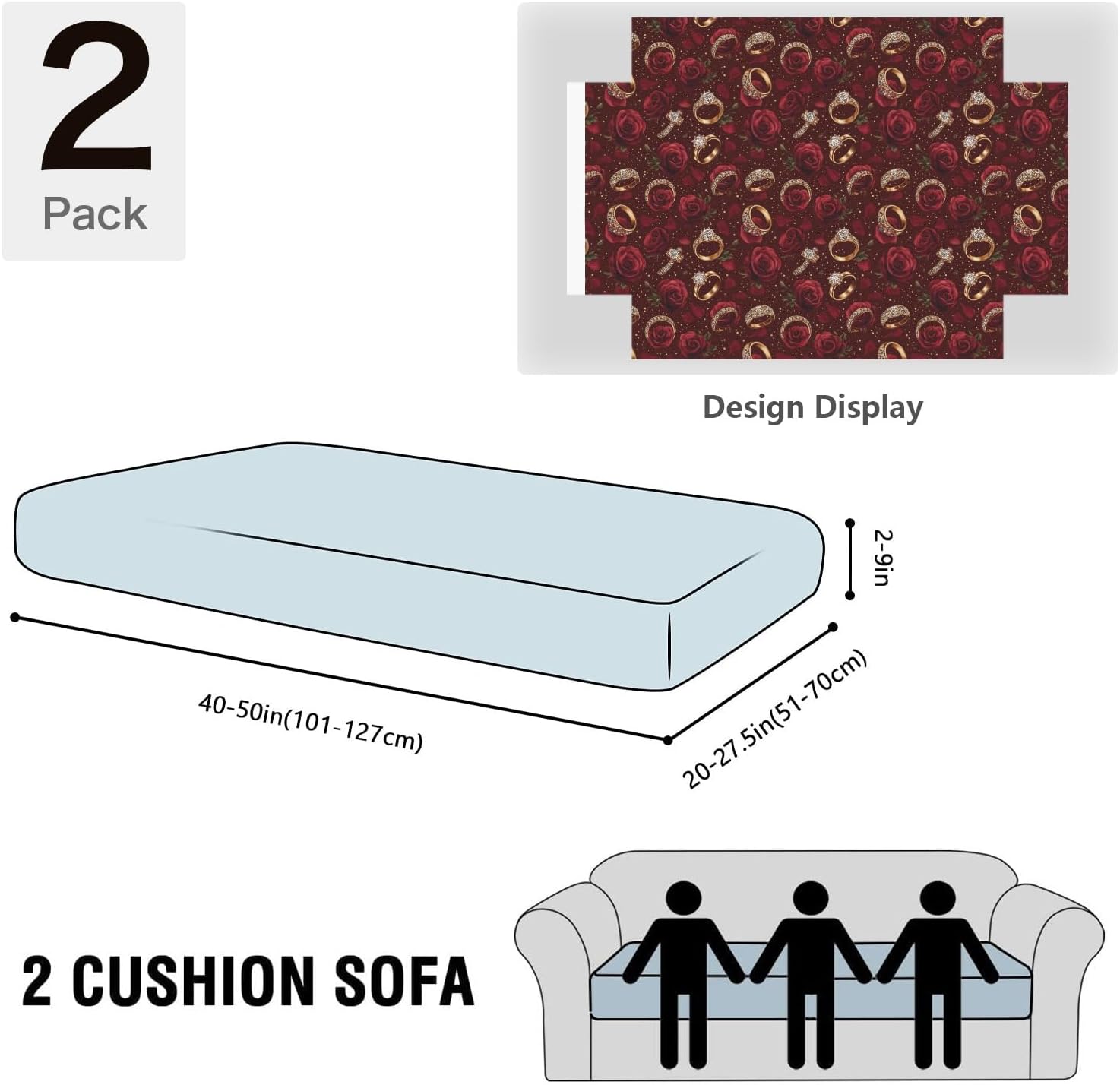 Red Rose and Rings Loveseat Covers Couch Covers for 2 Cushion Couch, 2-Piece Stretch Sofa Slipcovers Anti-Slip Washable Furniture Protectors for Dogs Pets