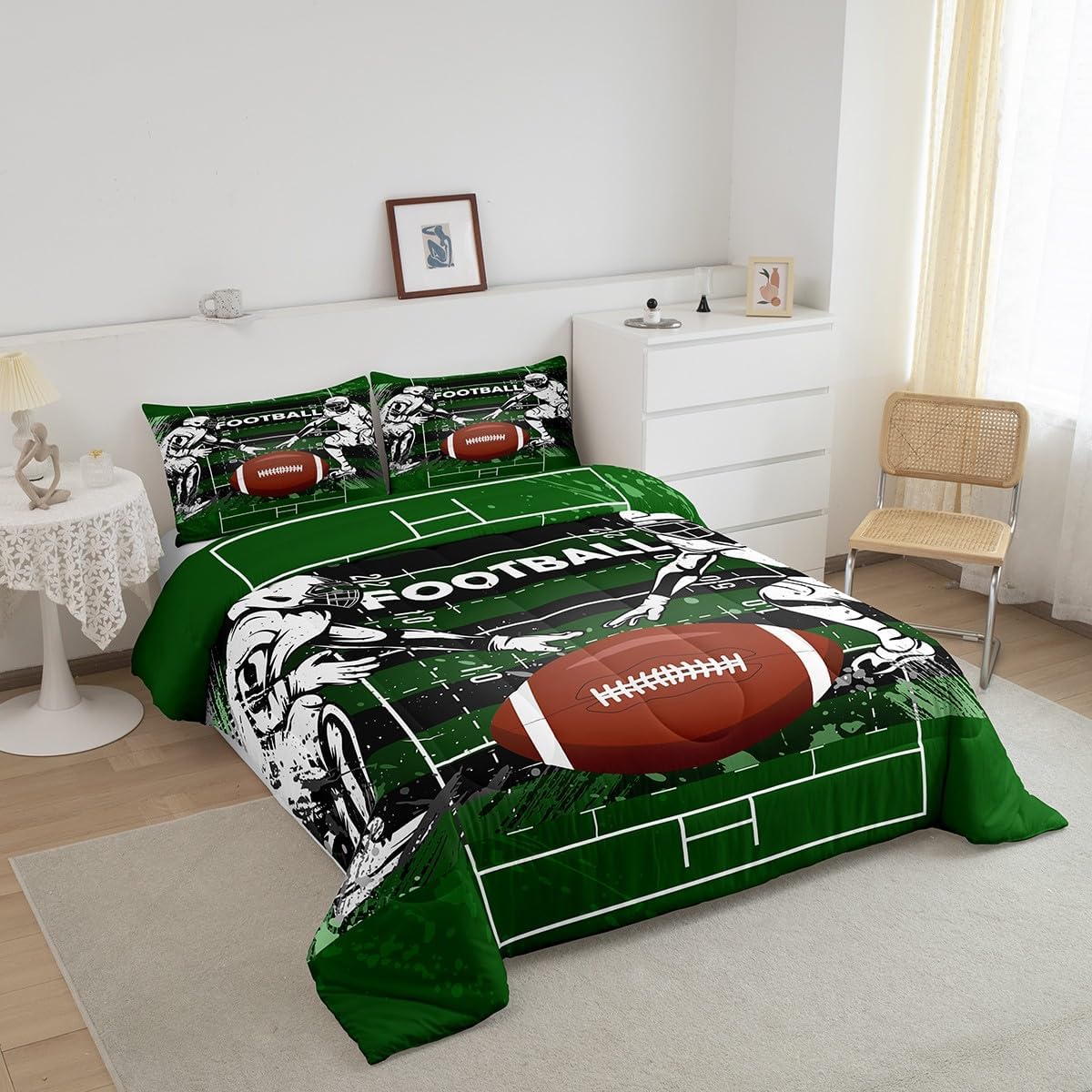 Feelyou Football Comforter Set 3 Pieces Boys Rugby Bedding Set Queen Size for Kids Teens Sports Themed Bed in A Bag Rugby Player Bedding Set with with 2 Pillowcases