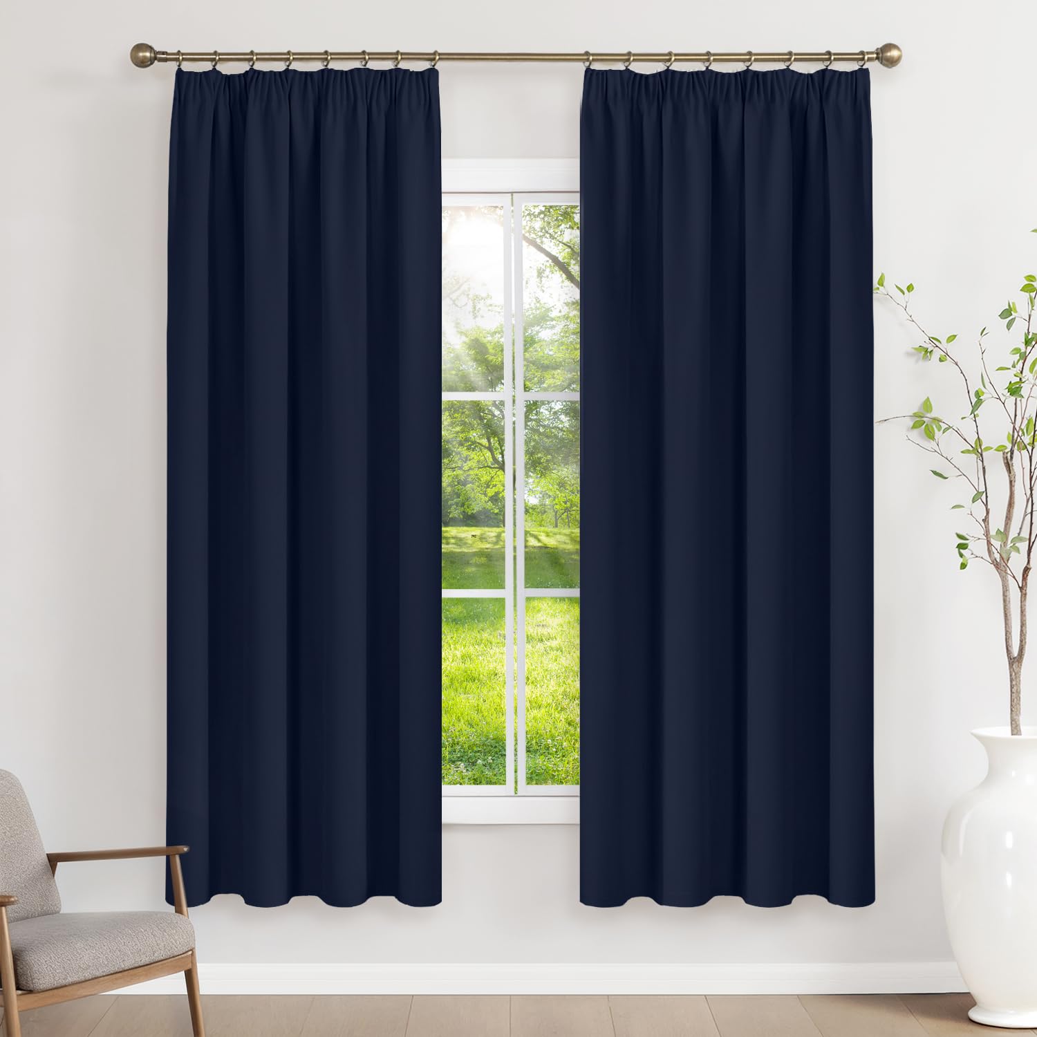 Runyéla Pencil Pleat Blackout Curtains for Bedroom Thermal Curtain 52 x 63 Inch Drop Living Room Kitchen 2 Panels Navy Blue