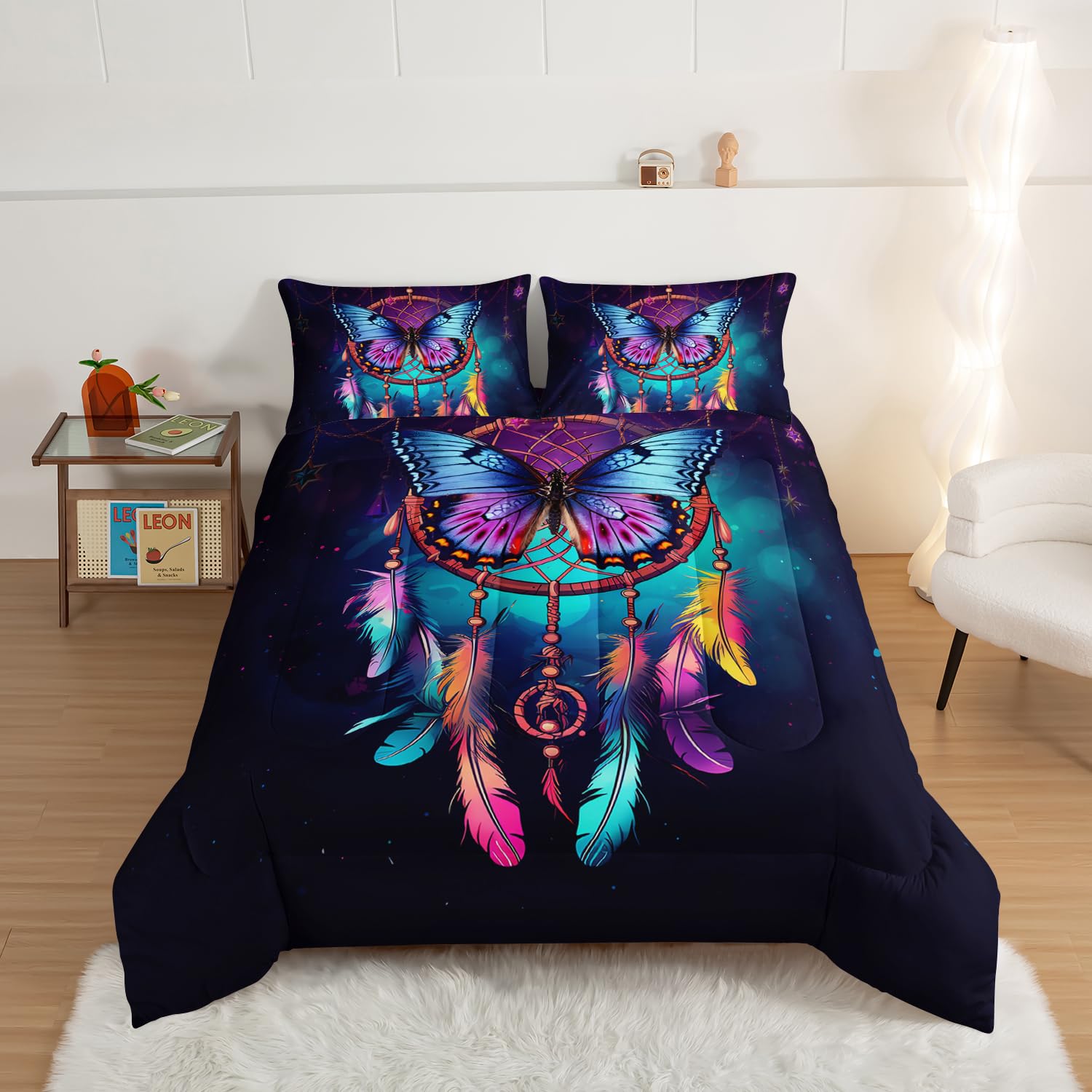 HOSIMA Set di biancheria da letto con acchiappasogni, 3 pezzi, stile indiano, hippie, piume, stile bohémien, chic, per adolescenti, adulti, ragazze, decorazione per la camera dei nativi americani,