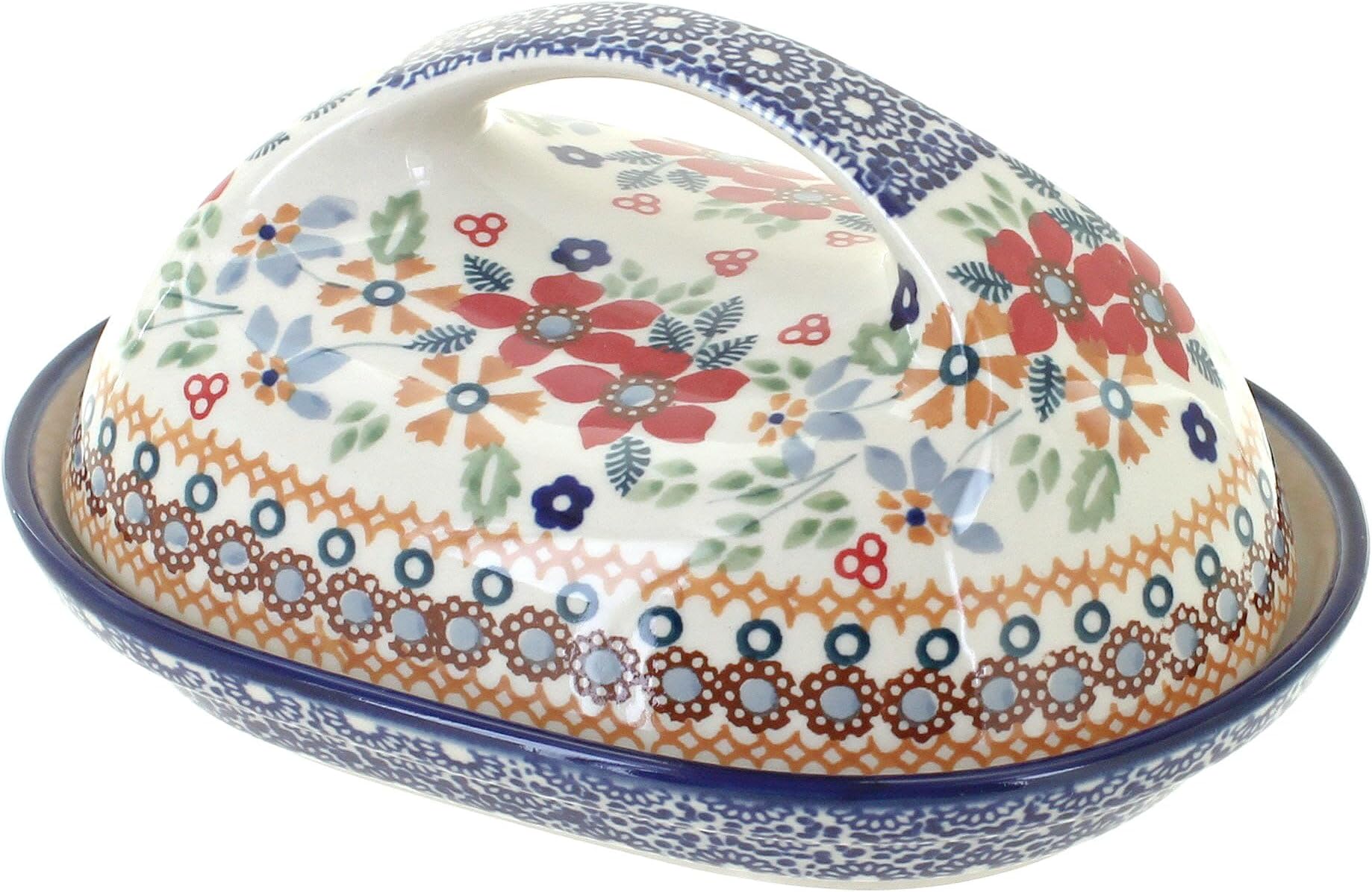 Blue Rose Polish Pottery - Red Daisy Butter Dish with Handle - Fits 1 Stick - Butter Dish for Countertop Organization and Storage