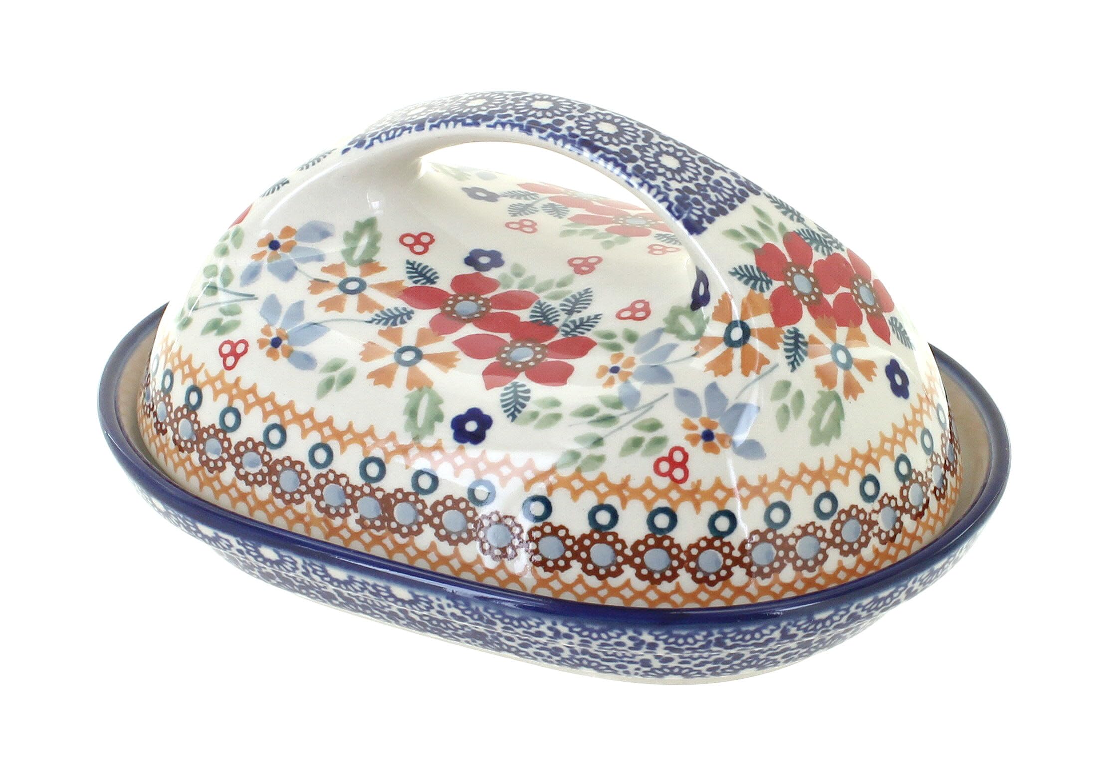 Blue Rose Polish Pottery - Red Daisy Butter Dish with Handle - Fits 1 Stick - Butter Dish for Countertop Organization and Storage
