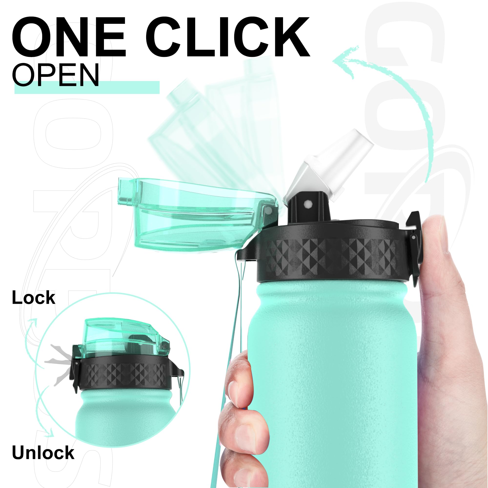 GOPPUS 600ml/20oz Stainless Water Bottle with Straw Double Wall Insulated Bottles with Strap One Hand Open Vacuum Thermal Flask Leakproof Keep Cold Bottles with Flip Top Lid BPA Free (Mint Green) - Image 2