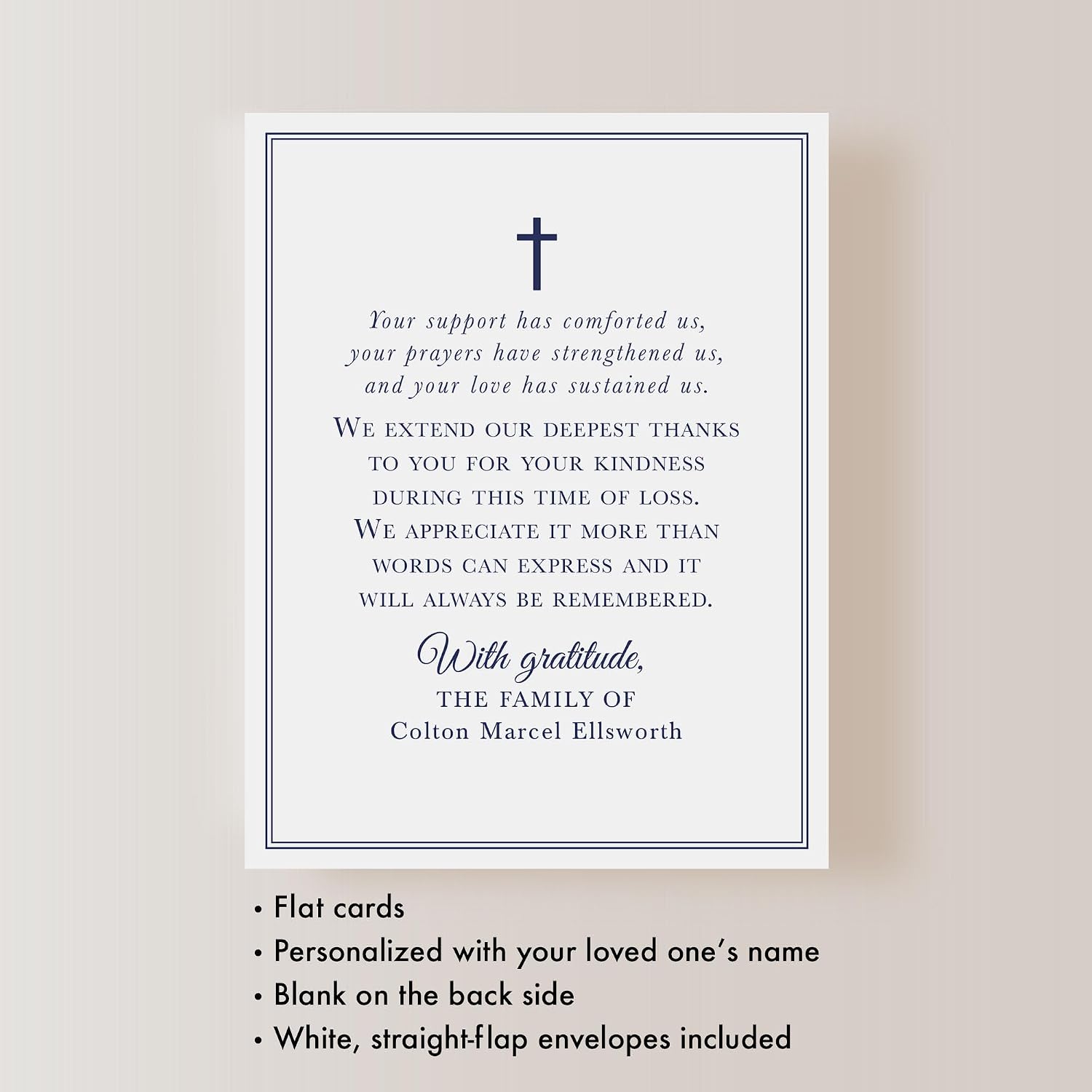 Navy Blue Funeral Thank You Cards with Cross, Personalized 4.25x5.5 Sympathy Acknowledgement Cards with Envelopes