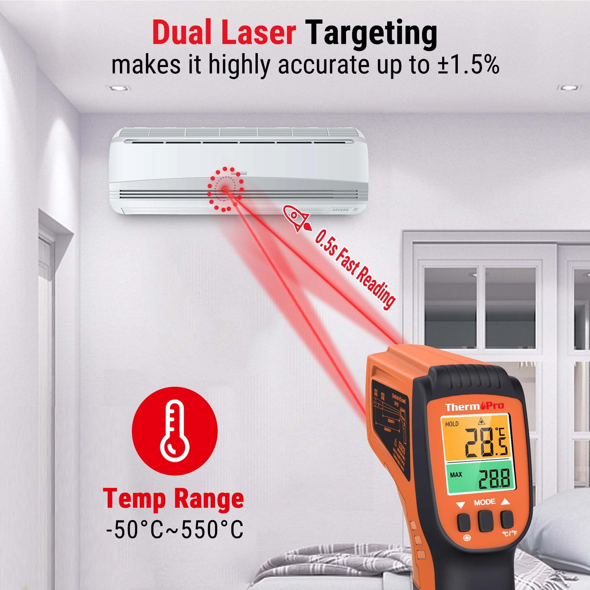 ThermoPro TP450 Pistolet de Température Double Laser pour la Cuisson, Thermomètre Infrarouge Numérique pour Four à Pizza, Pistolet Thermomètre Laser -50 ℃ à 500 ℃ (pas pour les humains)