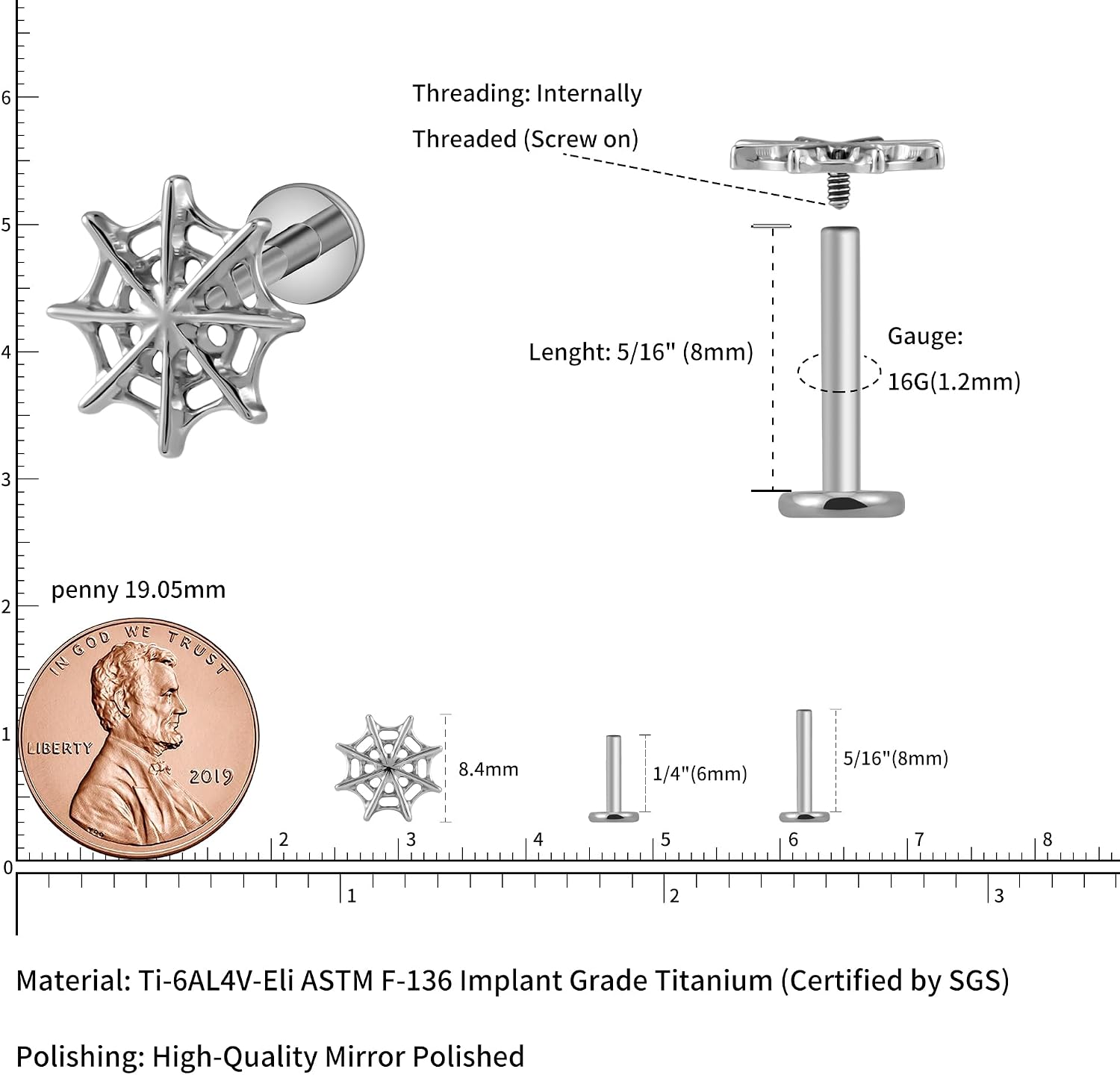 FINE4U 16G Halloween Screw on Body Jewelry - ASTM F136 Titanium Gothic Studs for Helix, Conch, Tragus, Hypoallergenic Flatback Cartilage Piercing Jewelry