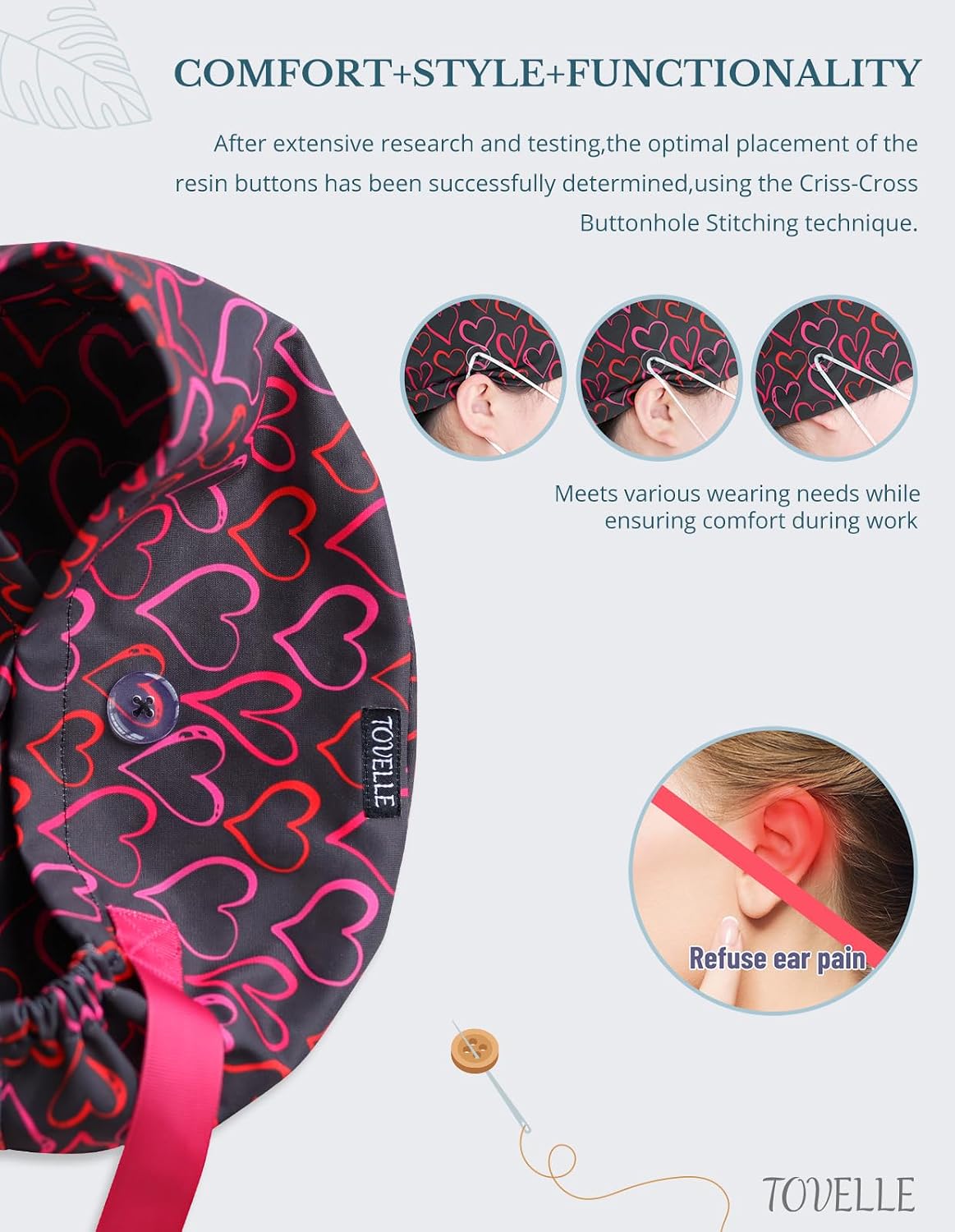 Valentine's Heart Scrub Caps for Women and Men with Buttons, Euro Style Adjustable Medical Hat, Perfect for Surgical or Daily Use