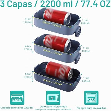 Lunch Box 3 Layers – Bento Box 2200 ml – Lunch Box with 3 Adjustable Compartments – Lunch Box with Cutlery – Airtight Lunch Box, BPA-Free, Microwave-Safe, Leakproof, Blue