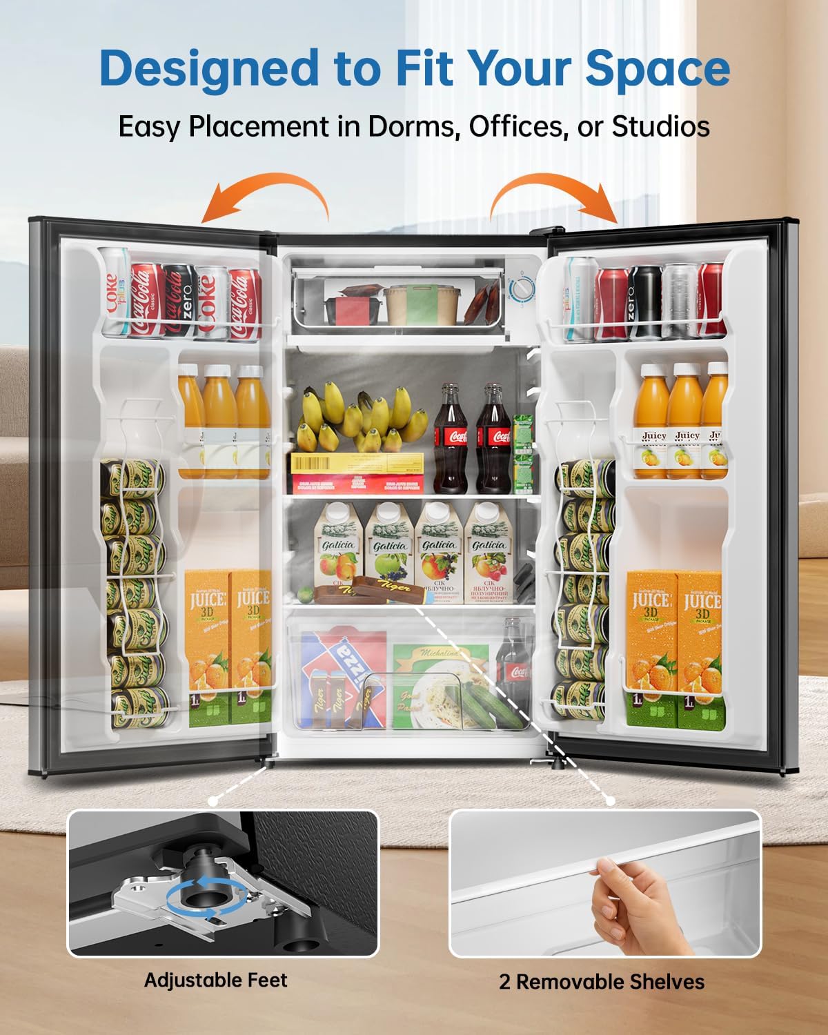 3.2 Cu Ft Mini Fridge with Freezer - Energy Efficient, Large Capacity Single Door Upright Freezer for Bedroom, Office & Dorm | Small Fridge, Reversible Door, ETL Certified(Silver)