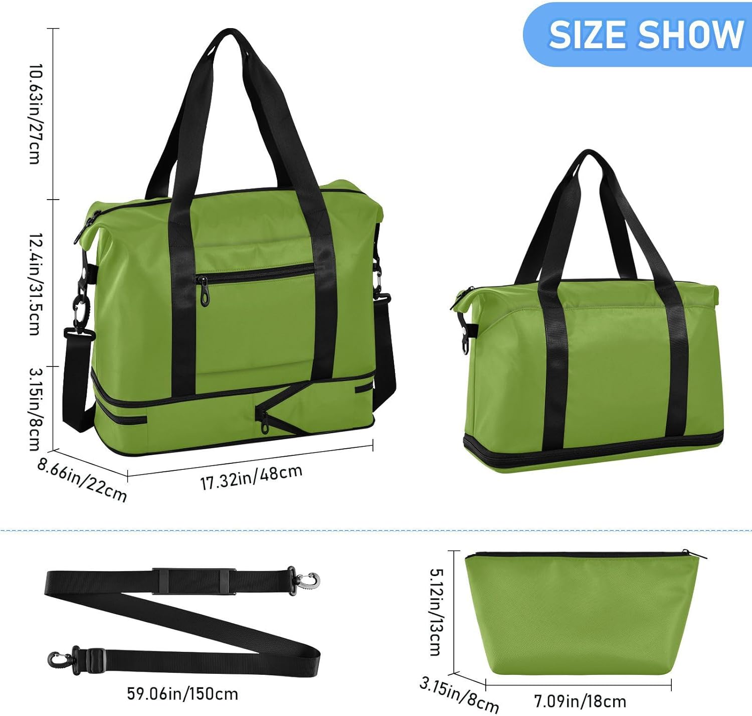 Olive Drab Solid Color Pure Plain Green Travel Tote Gym Bag Carry on Bag with Toiletry Bag for Travel Multifunctional
