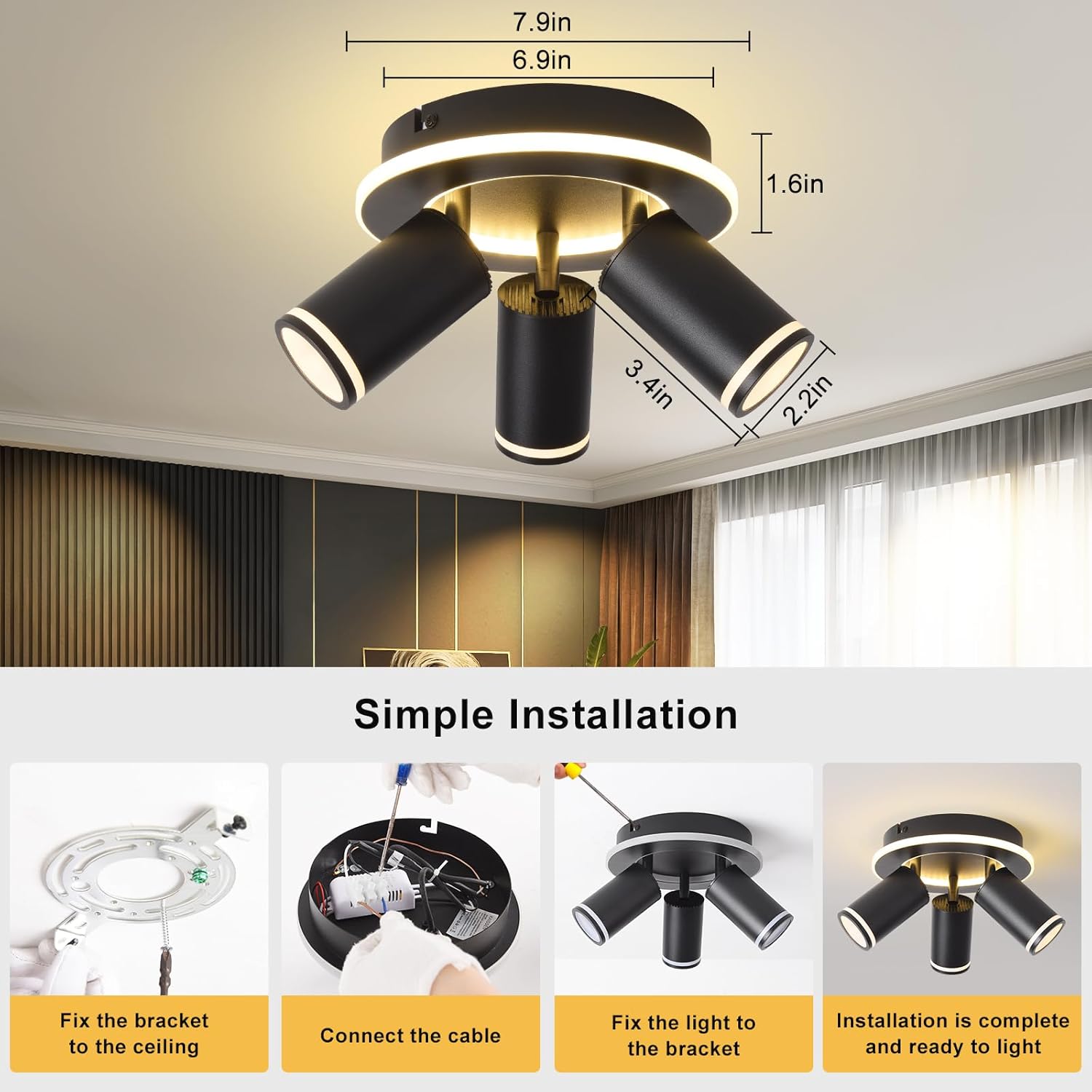 LED 3 Light Track Lighting Kit, Black Round Ceiling Spot Lighting Fixture with Flexibly Rotatable Heads, Modern Spotlight for Kitchen, Living Room, Bedroom, Dual Lighting Design,Includes 3 x GU10 Bulb