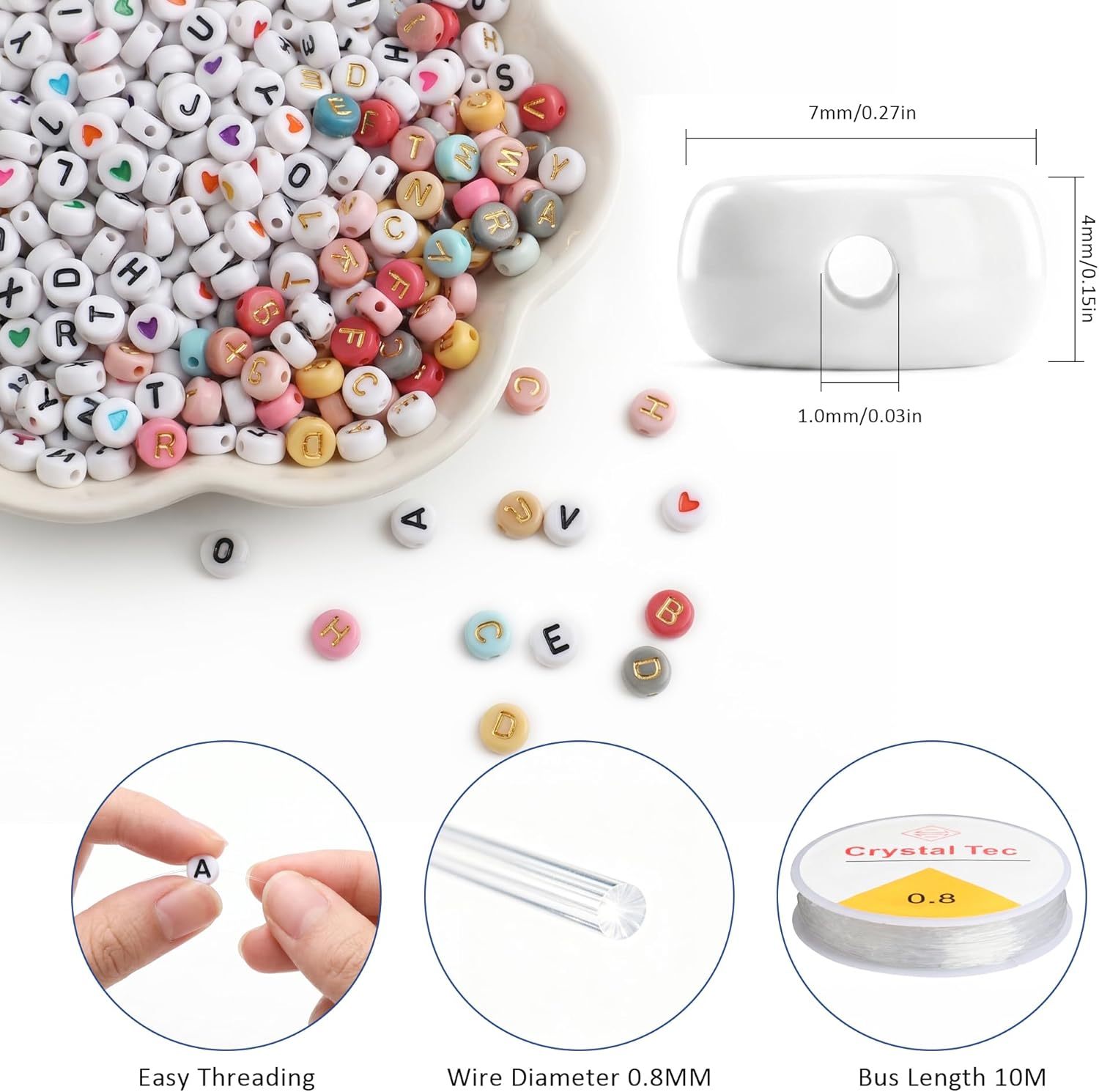 1500PCS Round Letter Beads for Threading, 4 x 7 MM Alphabet Beads and Colourful Heart Beads, Acrylic Round Beads for Jewellery DIY Making Crafts Bracelets Necklaces Ornaments