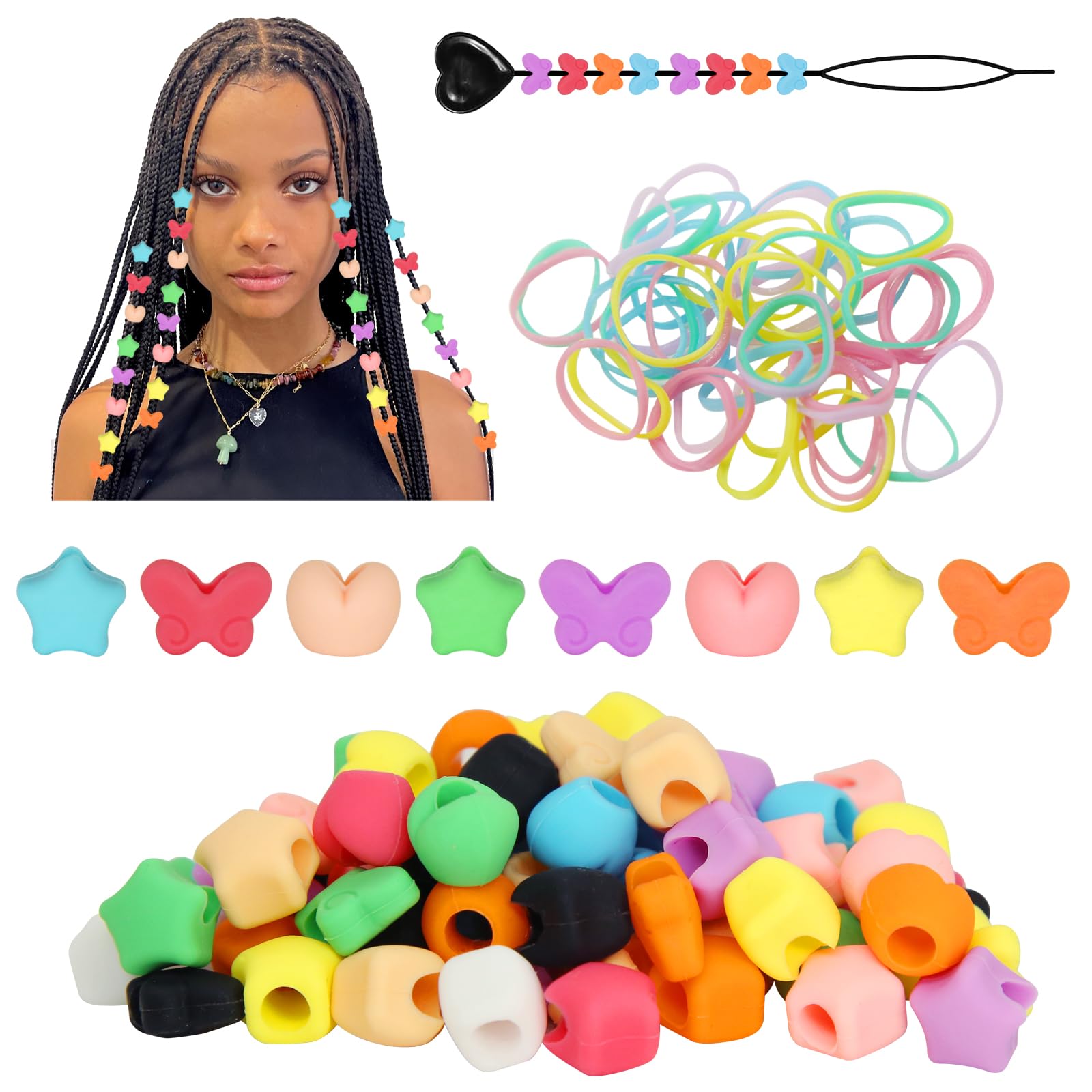 90 Silikon-Haarperlen Für Zöpfe – 10 Farben, Schmetterling, Herz & Stern, Inkl. Werkzeug
