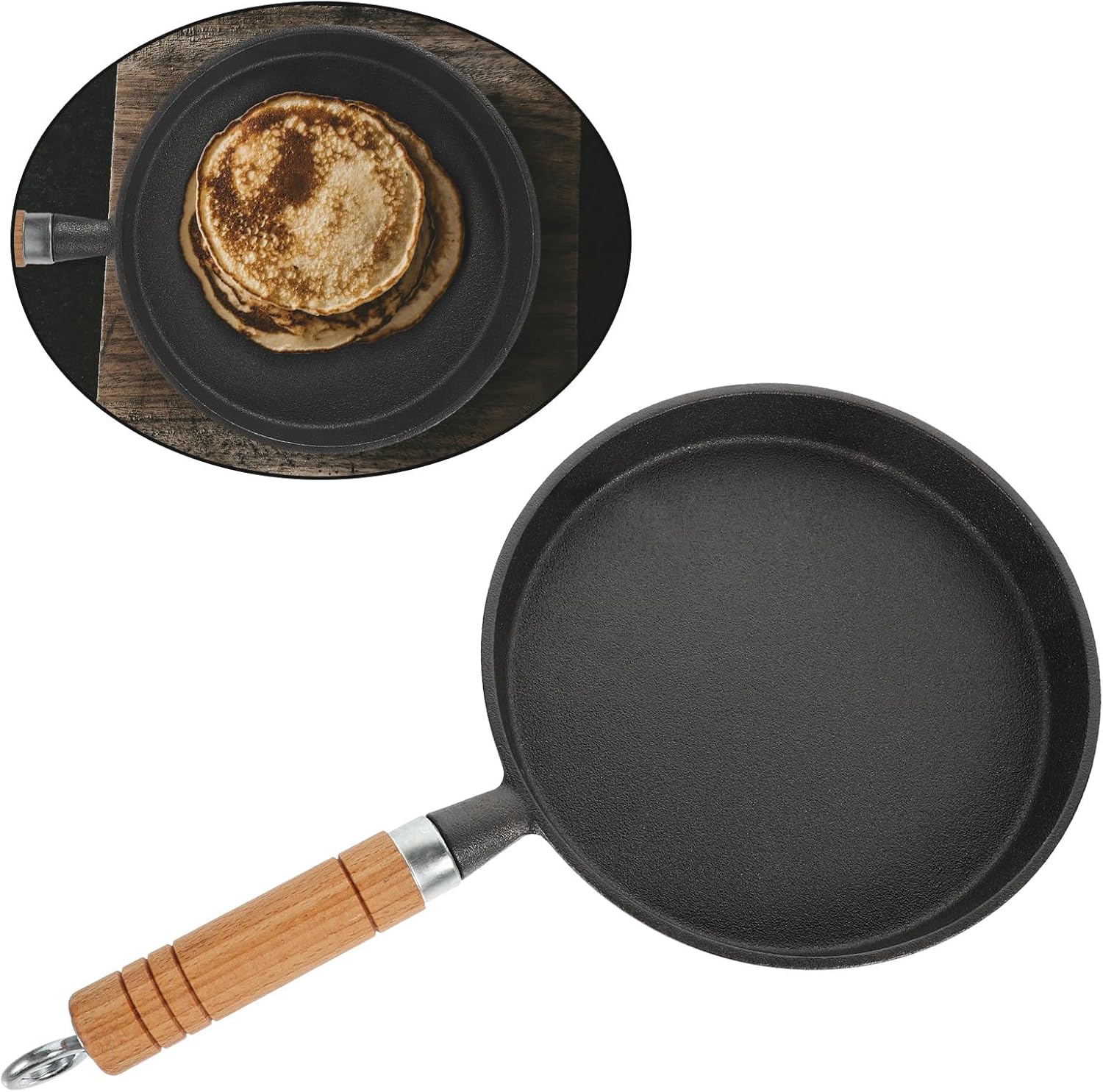 Healeved Cast Iron 20cm Flat Frying Pan with Wooden Handle, Non-coated Small Crepe Maker and Mini Egg Frying Pan for Gas and Induction Stovetops