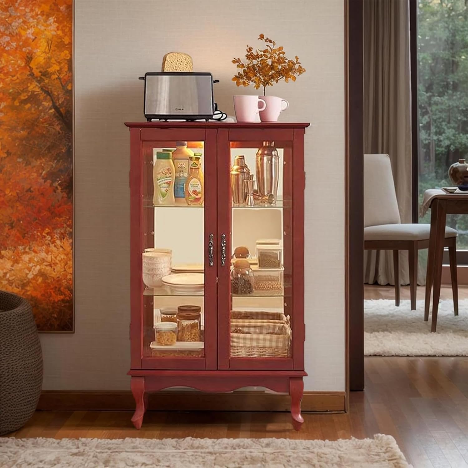 43"H Lighted Display Curio Cabinet, 3-Tier Glass Accent Storage Cabinet Curio Showcase w/ 2 Doors & Adjustable Shelves, Wine Artwork Storage Rack w/ Mirrored Back Panel for Living Room (Cherry)