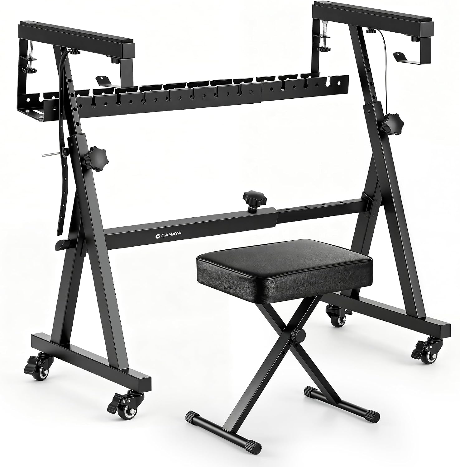 CAHAYA Keyboard Stand with Bench: Adjustable Digital Piano Z-Style Stand with Storage Basket Padded Keyboard Stool with Wheels Foldable Piano Stool with Padded Cushion for 88 Key Electric Pianos
