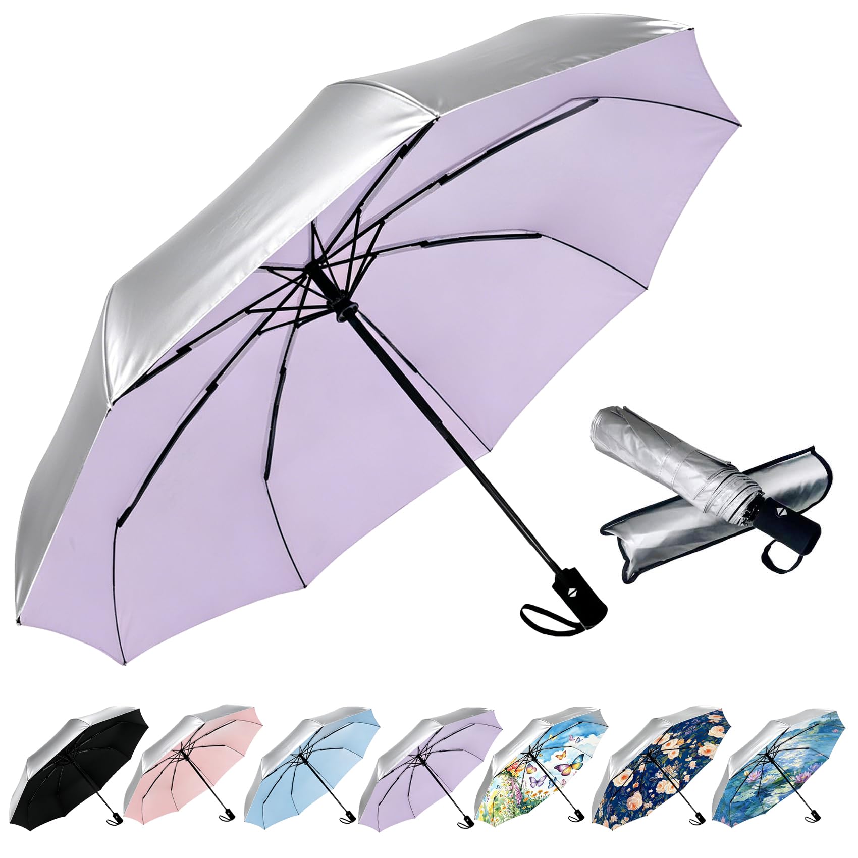Compact Travel Umbrella - Windproof Auto Open/Close, Small Folding Umbrella for Rain & Sun with UPF50+ - Lightweight Frame, Waterproof - Fits Backpack, Purse, Suitcase.(Silver/Light Purple) UPF-Silver-Lavender 42 Inch-1 Pack