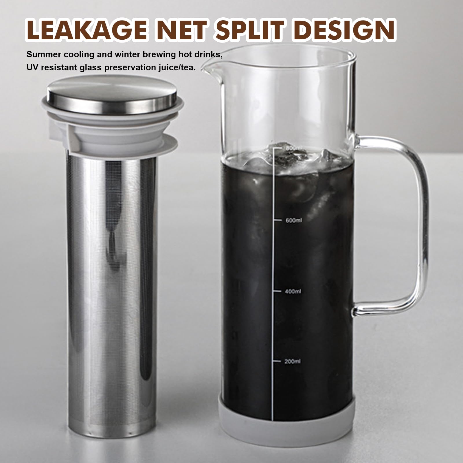 Machine à café Cold Brew 800 ml, carafe en verre, filtre acier inoxydable 304, silicone antidérapant