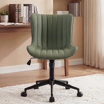 Kidol & Shellder Olive Green Leather Home Office Desk Chair with Wheels Modern Cute Armless Executive Swivel Vanity Chair with Comfy Padded Back Ergonomic Rolling Adjustable Computer Task Chair Small